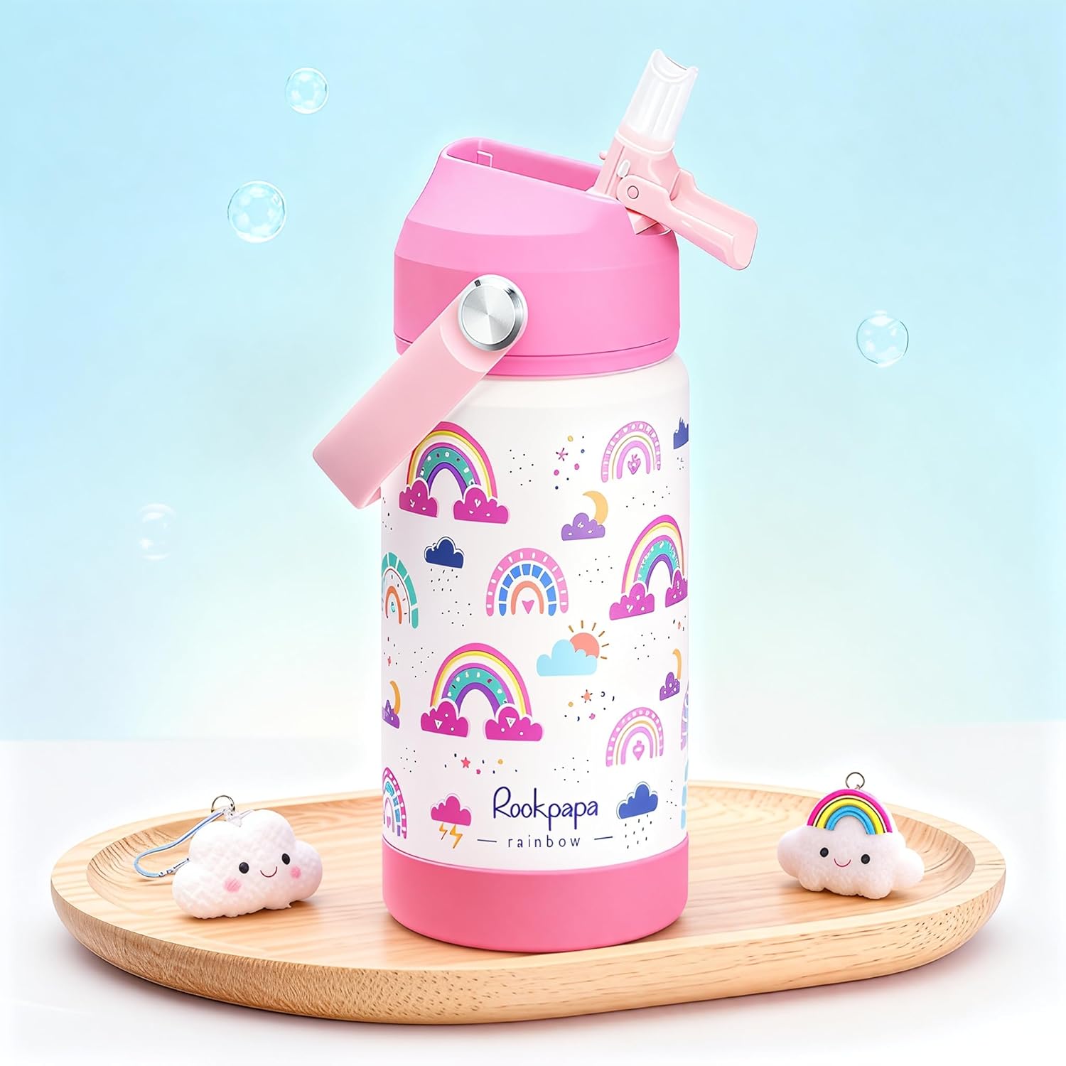 rockpapa 14 oz Kids Insulated Water Bottle,Stainless Steel Toddler Cups with Straws, BPA Free, Leak-Proof, Kids Water Bottle for School Boys& Girls (White Rainbow) - Image 2