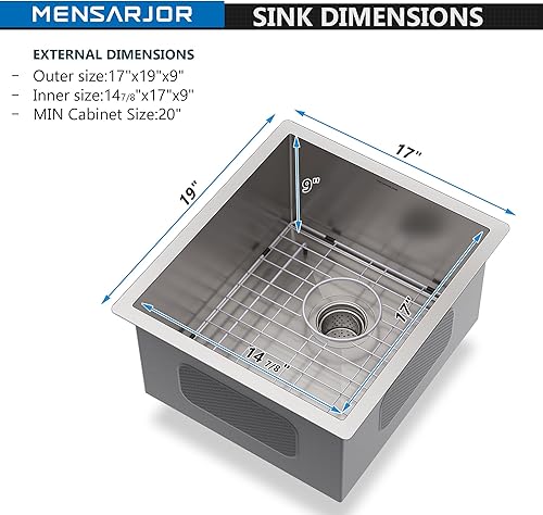 Miniatura 9 de MENSARJOR Fregadero de bar, fregadero de cocina empotrado de 14 x 14 pulgadas, fregadero de acero inoxidable de calibre 16, hecho a mano para