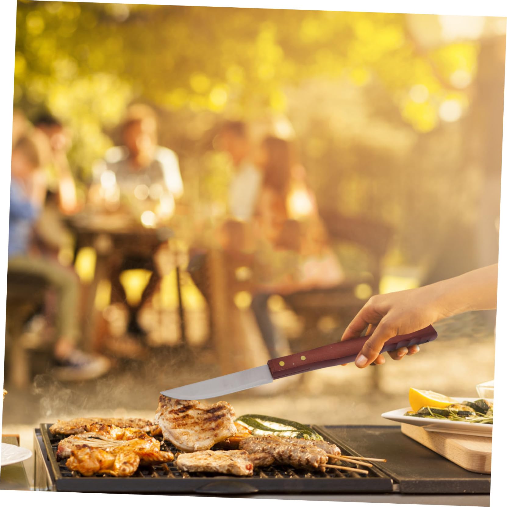 SHINEOFI Juego de Utensilios para Barbacoa de Acero Inoxidable Mango de Madera, Kit de 8 Piezas Bolsa de Almacenamiento para Camping y Fiesta al Aire Libre
