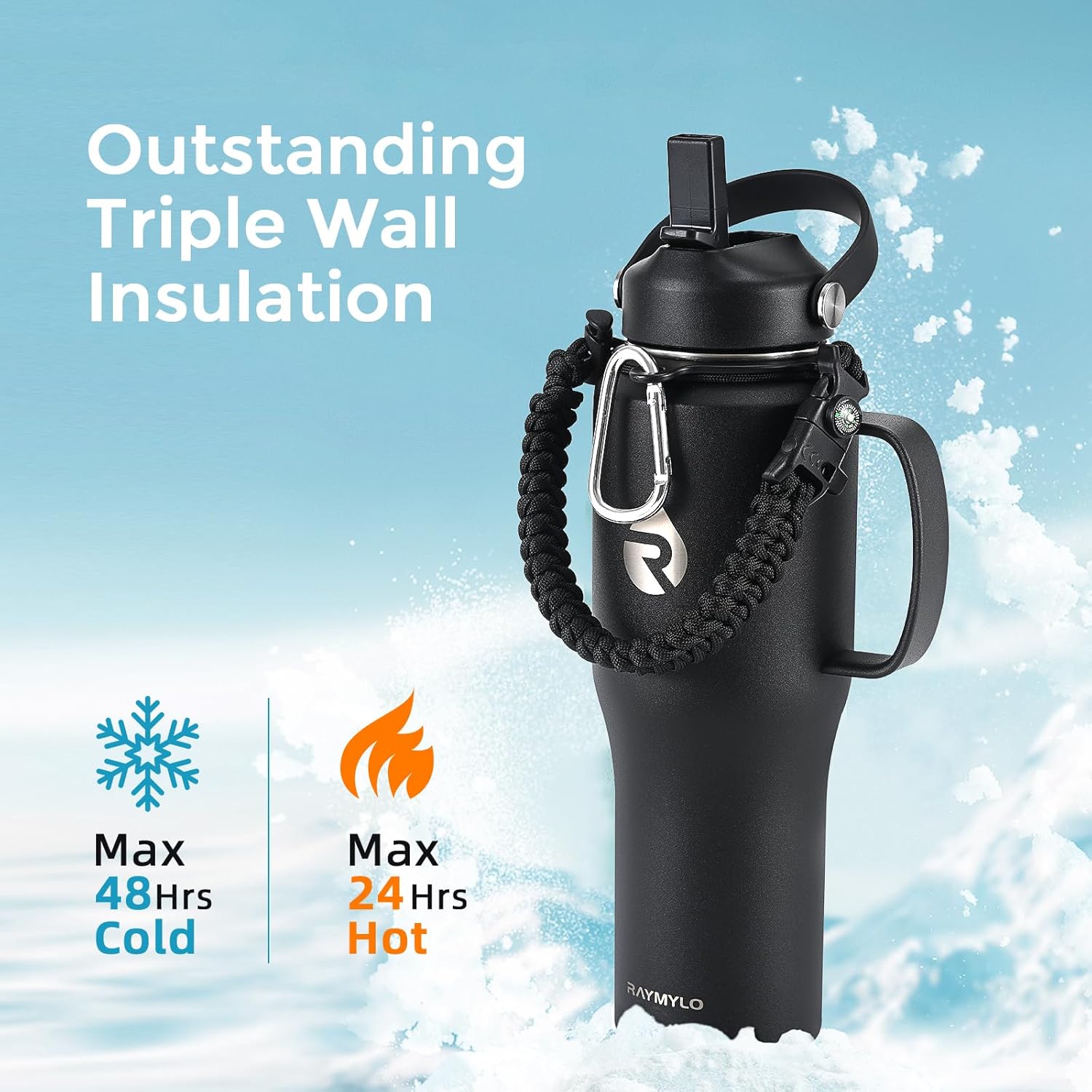 32oz Stainless Steel Water Bottle (Cold for 48 Hrs, Hot for 24 Hrs), Triple Wall Vacuum Insulated Water Bottle with Straw Lid, Spout Lid and Paracord Handle, Leakproof, Fit in Any Car Cup - Image 2