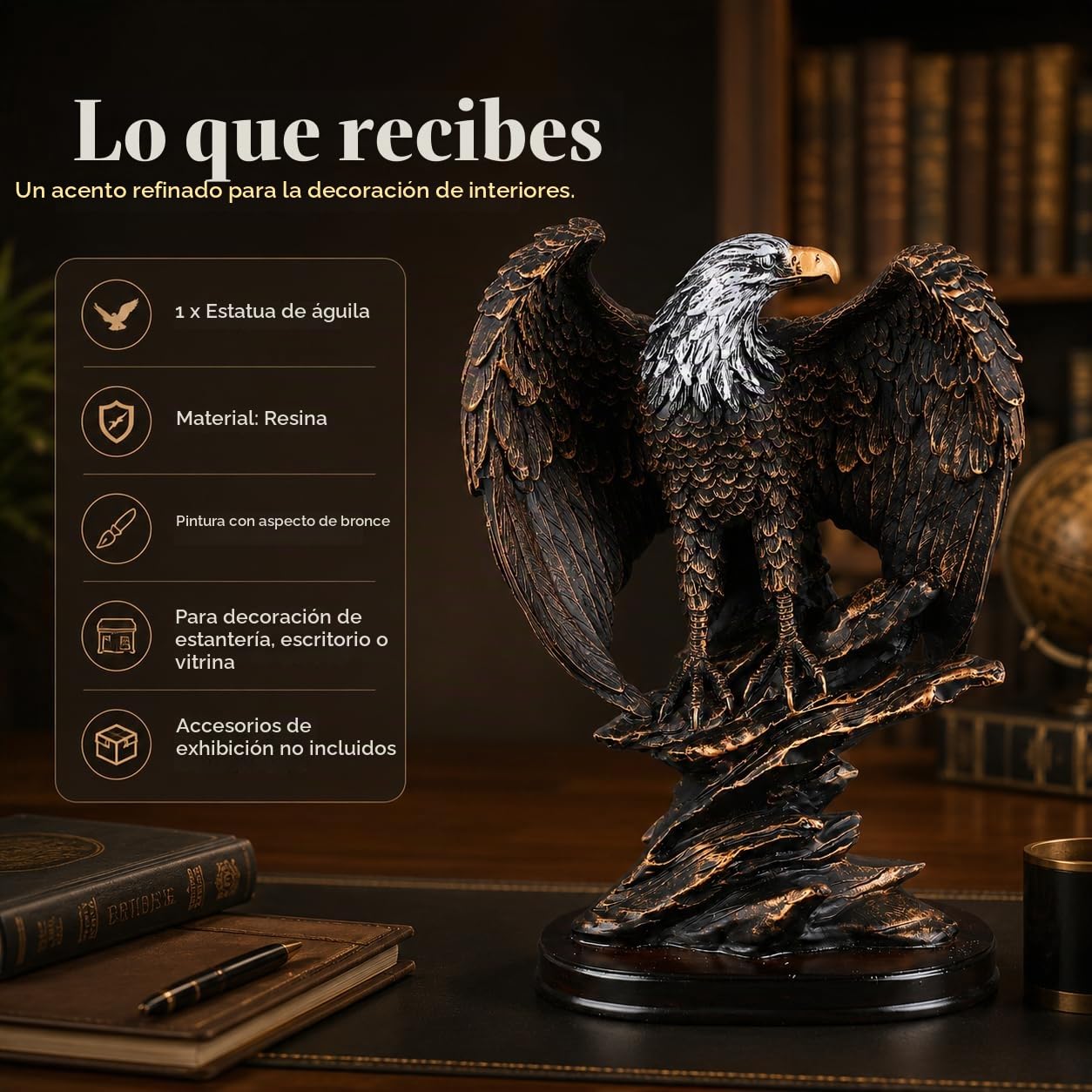 Escultura de águila de resina, estatua de águila dorada, estatua de águila de resina, estilo retro, detalles ricos, color bronce, base estable, patriótica