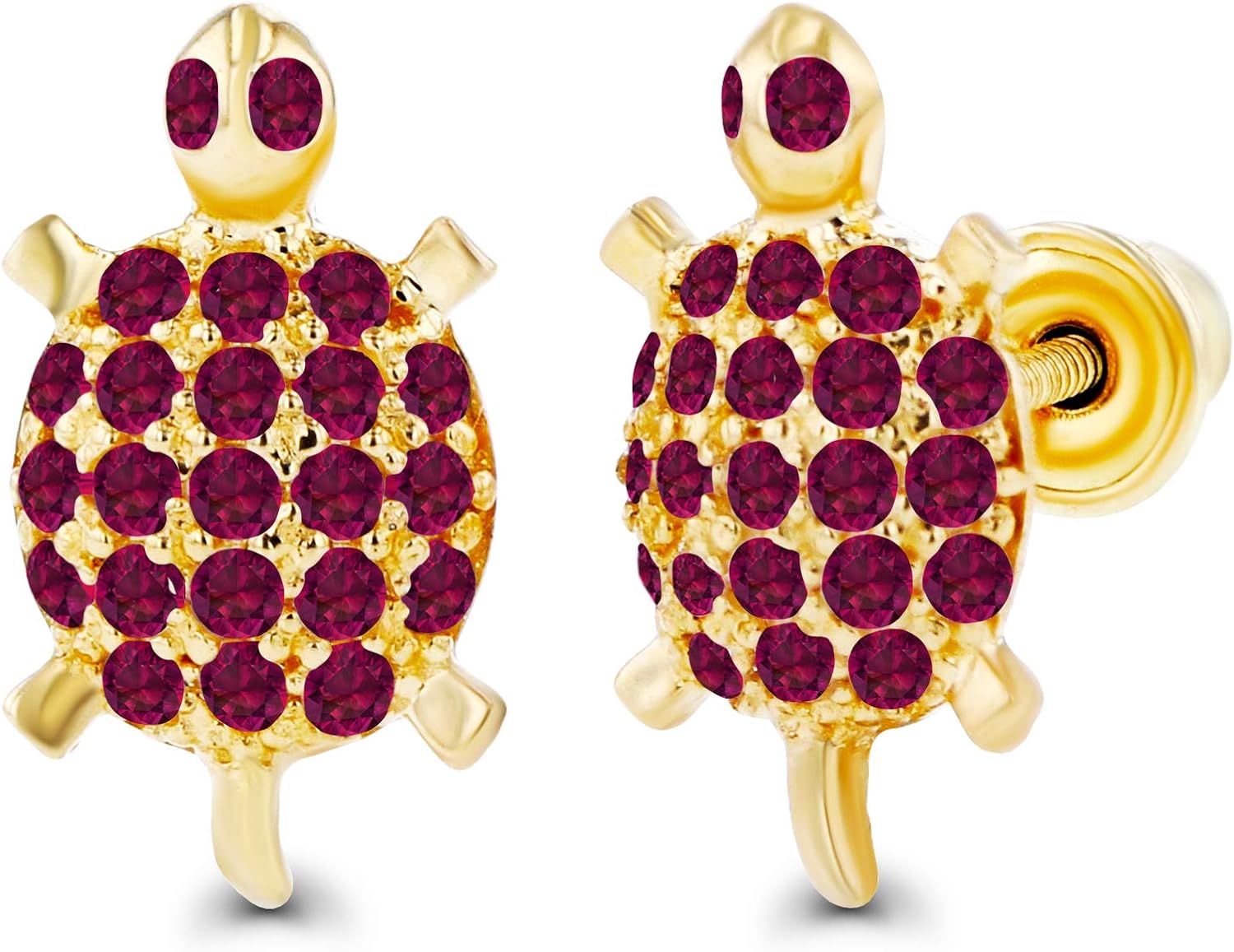 Solid 14K Gold 6x10mm Turtle Natural Birthstone Screwback Earrings For Women | 1mm Pave Birthstones | 1mm Round Pave Natural or Created Gemstone Turtle Screwback Earrings