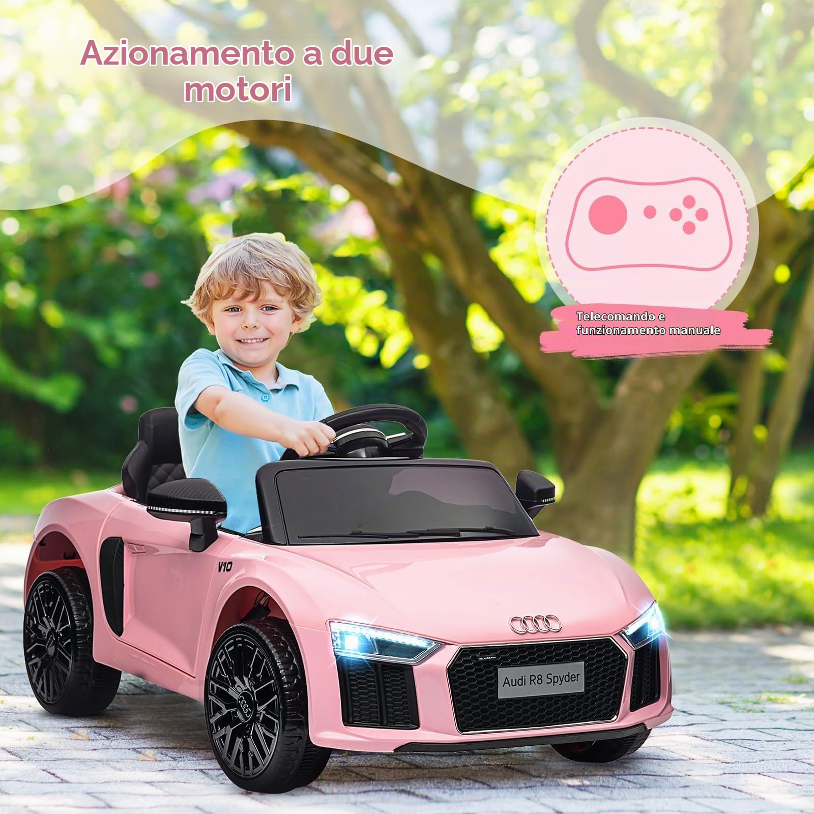Macchina Elettrica per Bambini 3-8 Anni 12V, Auto Elettrica Polizia con Licenza Ufficiale Audi Spyder, Telecomando Genitori, 3 Marce, Sospensione, LED, Musica, Clacson, Colore Rosa