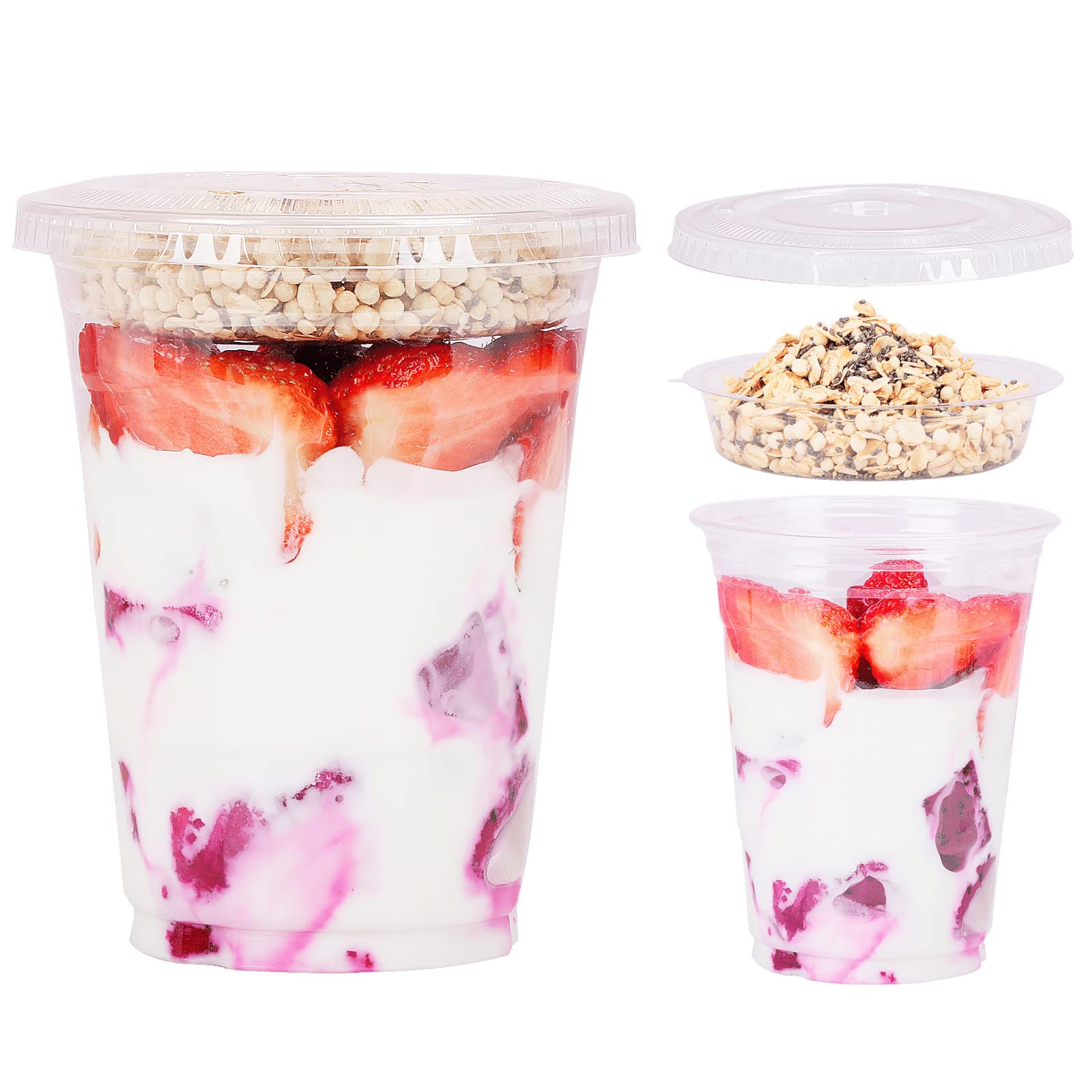 16 oz Clear Plastic Parfait Cups with Insert 4oz & Flat Lids No Hole - (50 Sets) Yogurt Fruit Parfait Cups for Kids, for Dips and Veggies, Take Away Breakfast and Snacks. No Leaking