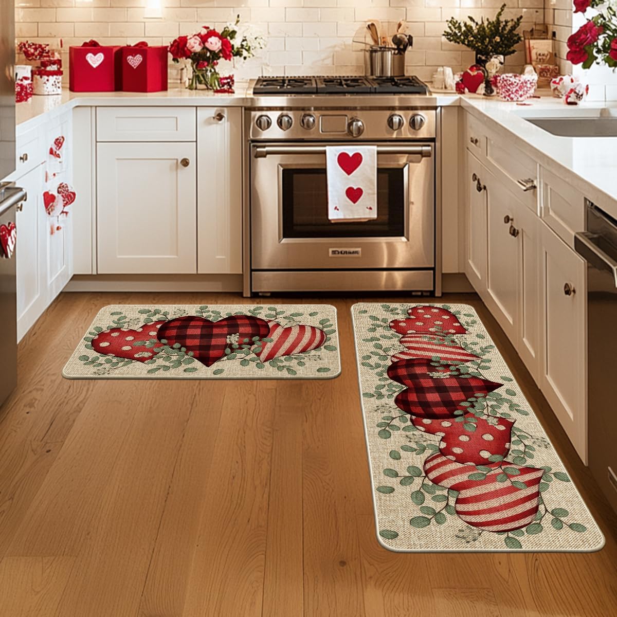 Artoid Mode Eucalyptus Love Heart Valentine's Decorative Kitchen Mats Set of 2, Home Party Low-Profile Home Kitchen Rugs - 17x29 and 17x47 Inch