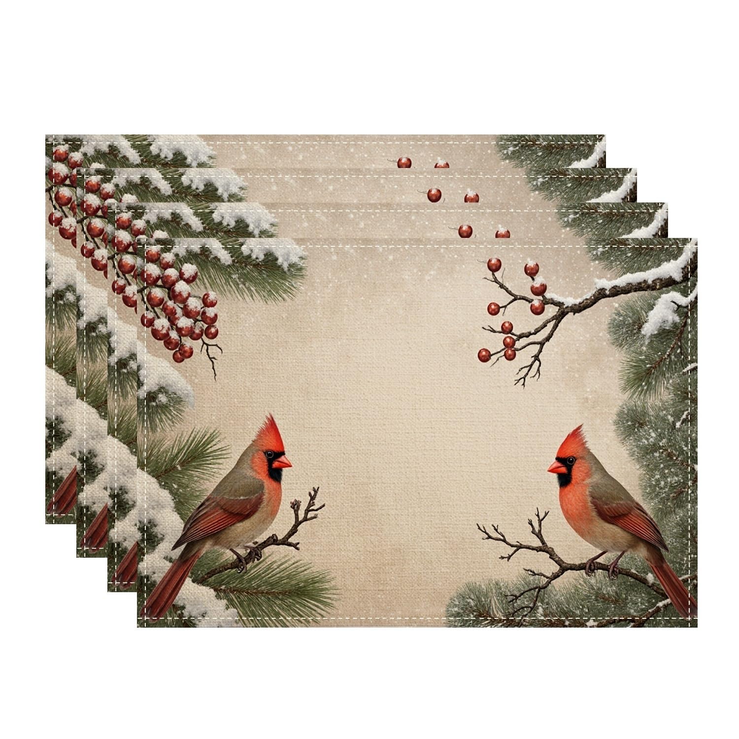 Christmas Cardinal Placemats, Rustic Winter Bird Place Mats for Dining Table, Holiday Non-Slip Washable Indoor Outdoor Kitchen Party Decorative Placemat Set of 4