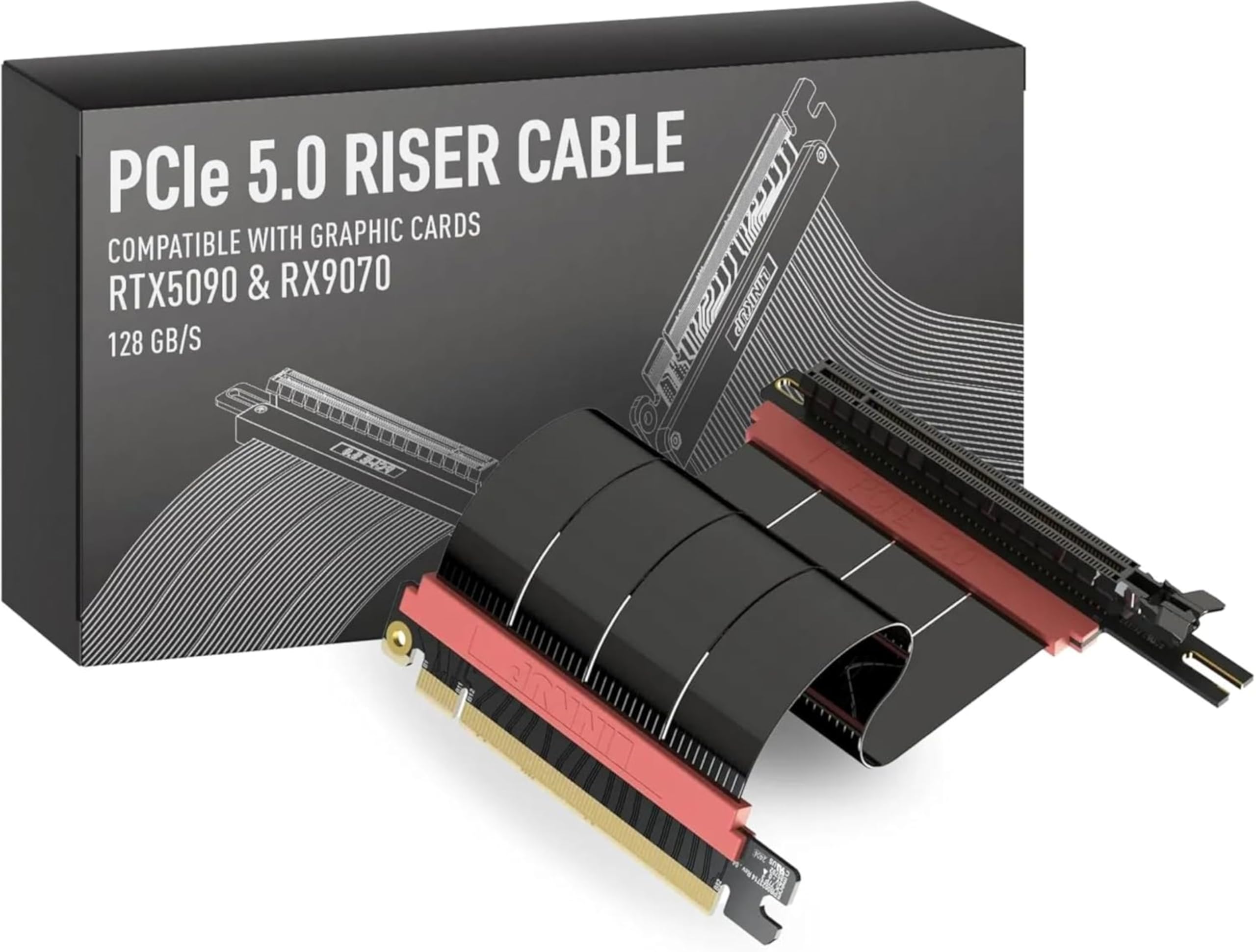 LINKUP PCIE 5.0 Riser Cable | for Vertical GPU Mount | Left Angle | Graphics Card GPU Ready | Usable with PCIe 4.0 & RX 9070/ RTX5090 | 40cm (Total Length: 44cm)