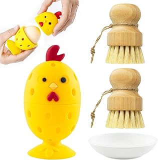 Silicone Egg Brush Cleaner,Multipurpose Fresh Eggs Fruit and Vegetable Rotating Scrubber Tool,and Sisal Wooden Brush with Ceramics Holder Reusable Cleaning Tools for Cleaning Eggs&Vegetables, Pans