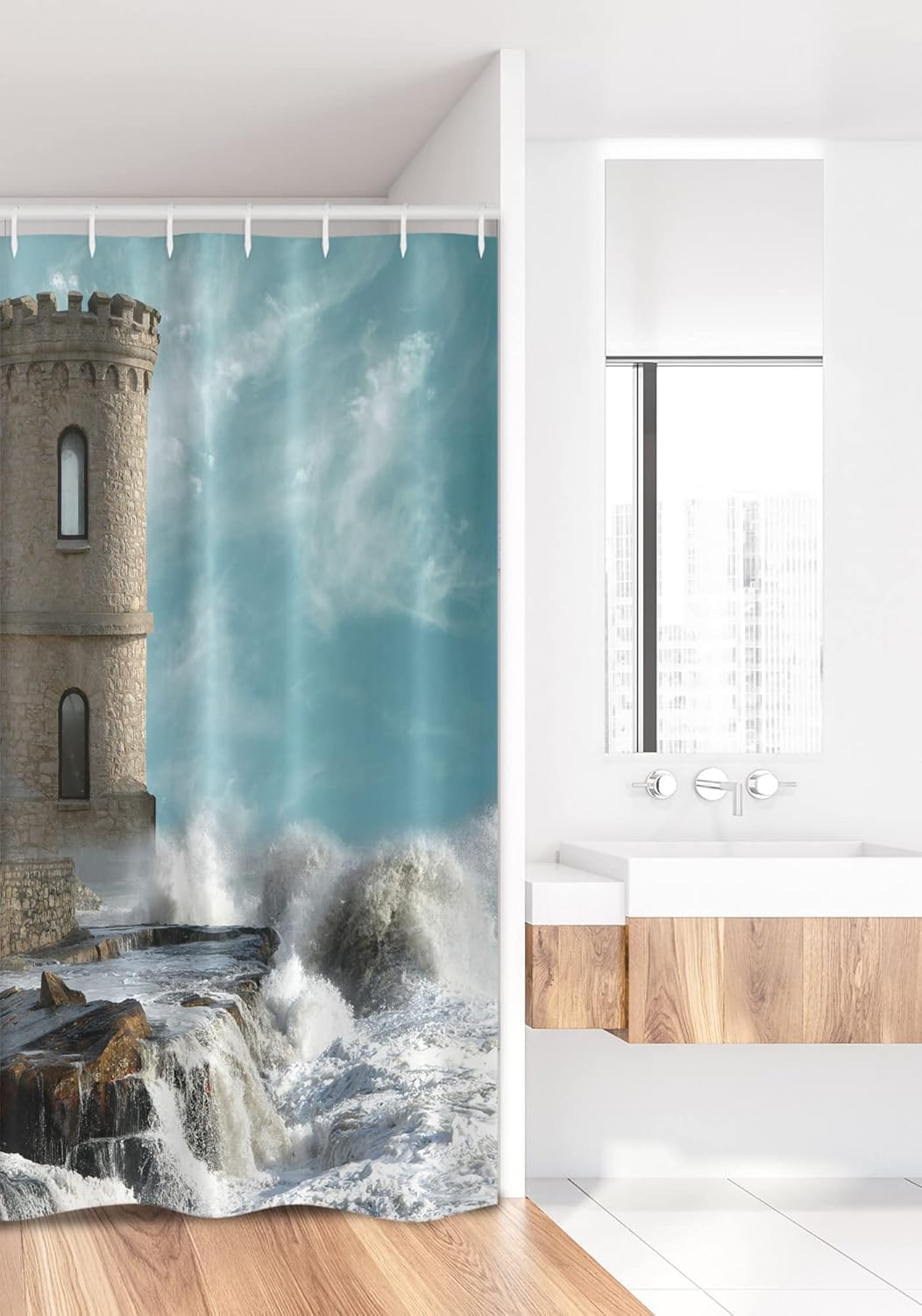 Ambesonne Medieval Stall Shower Curtain, Old Middle Age Tower by The Sea Renaissance Buildings Dreamy Cartoon Print, Fabric Bathroom Decor Set with Hooks, 36" W x 72" L, Cream Blue White