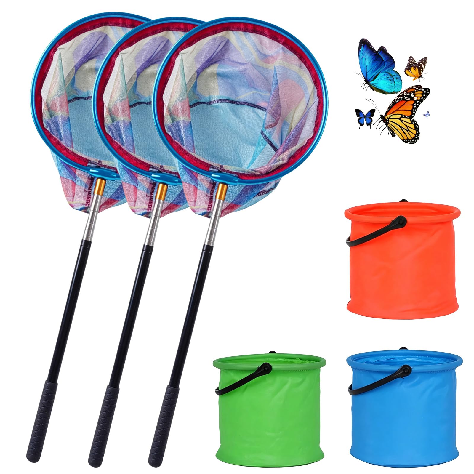 3 retini telescopici per bambini, 41,5-148 cm, con 3 secchi pieghevoli, retino da pesca telescopico a farfalla, retino da pesca per insetti, piccoli pesci, spiaggia