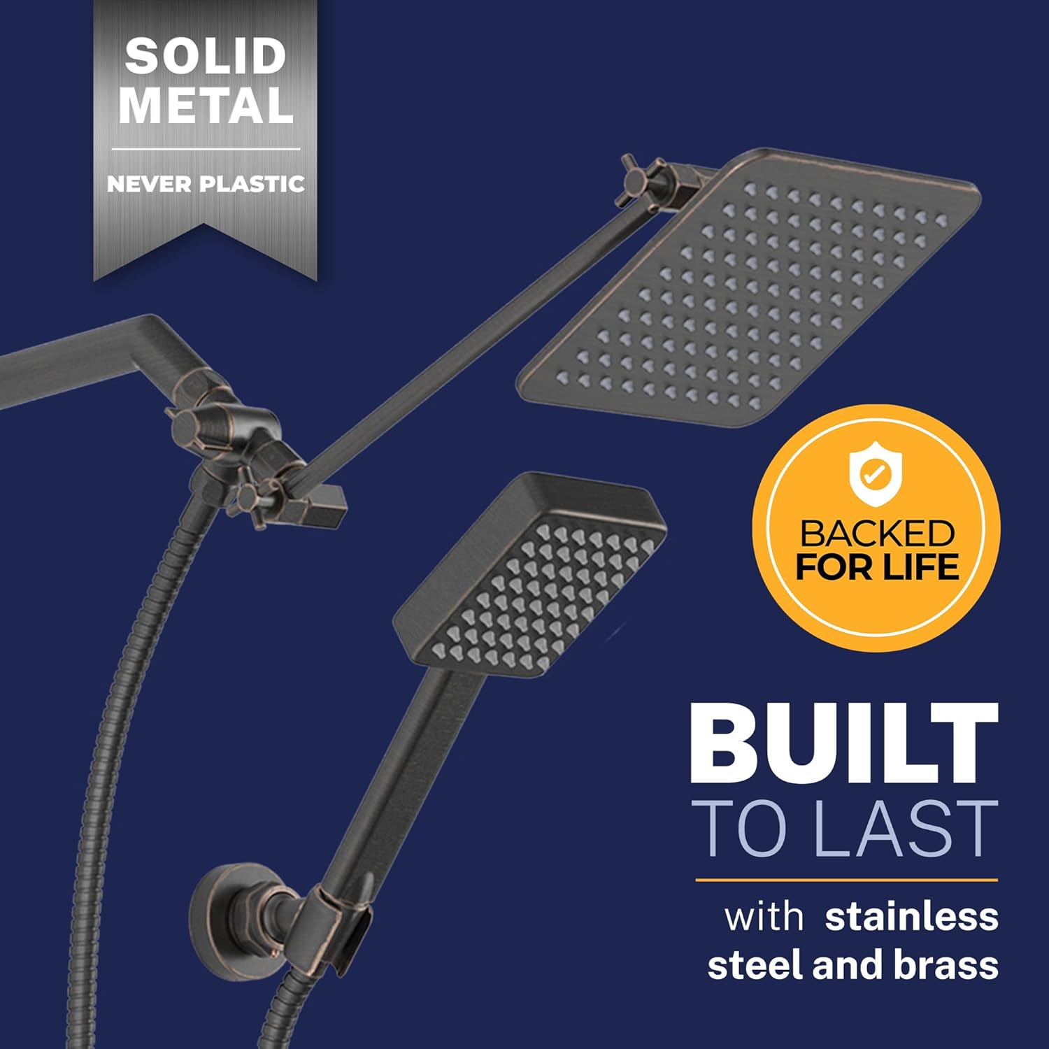 HammerHead® Solid Metal Dual Shower Head Combo — 8" Square Rain Shower Head with Handheld, 12" Adjustable Arm & Wall-Mount Holder for Flexible Installation — Oil Rubbed Bronze
