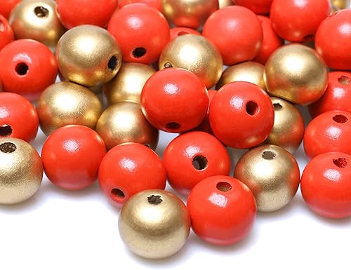 50 cuentas redondas de madera dorada y roja de 0.787 pulgadas (0.787 in) sueltas y suaves, suministros para cuentas de granja, guirnaldas,
