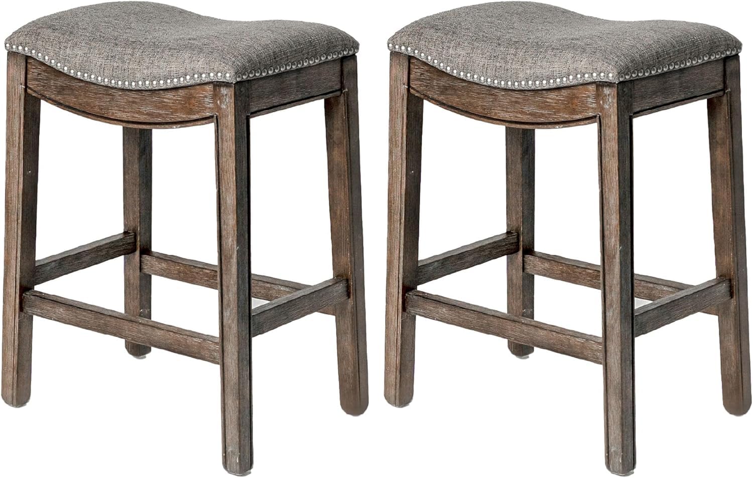 Maven Lane Adrien Backless Counter Stool – Set of 2 – 26 Inches – Saddle Stool with Footrest – Brown Solid Wood Frame & Grey Fabric Upholstery –