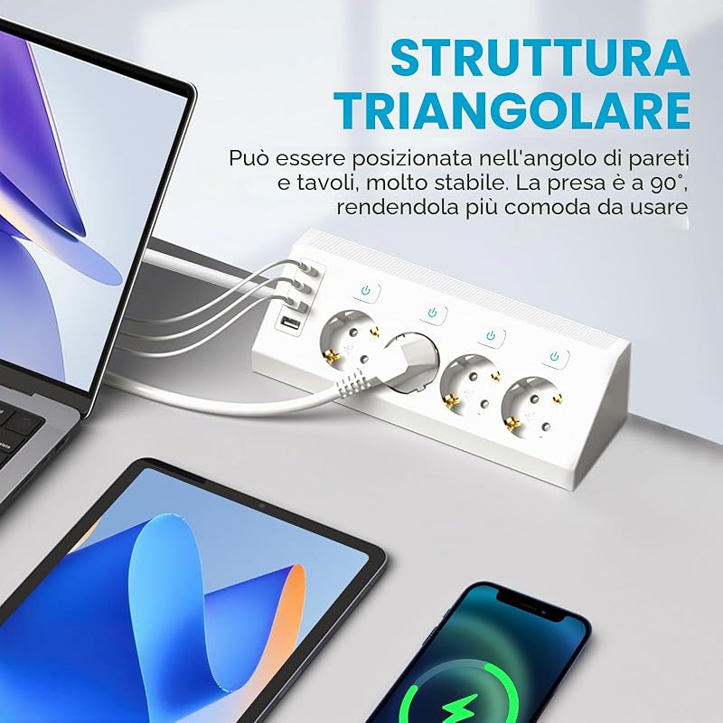GBKDQQ 2 db sarokkonnektor 4 aljzatos kapcsolóval 8 az 1-ben túlfeszültségvédő fehér 2 m kábellel USB és USB-C portokkal falra és asztalra