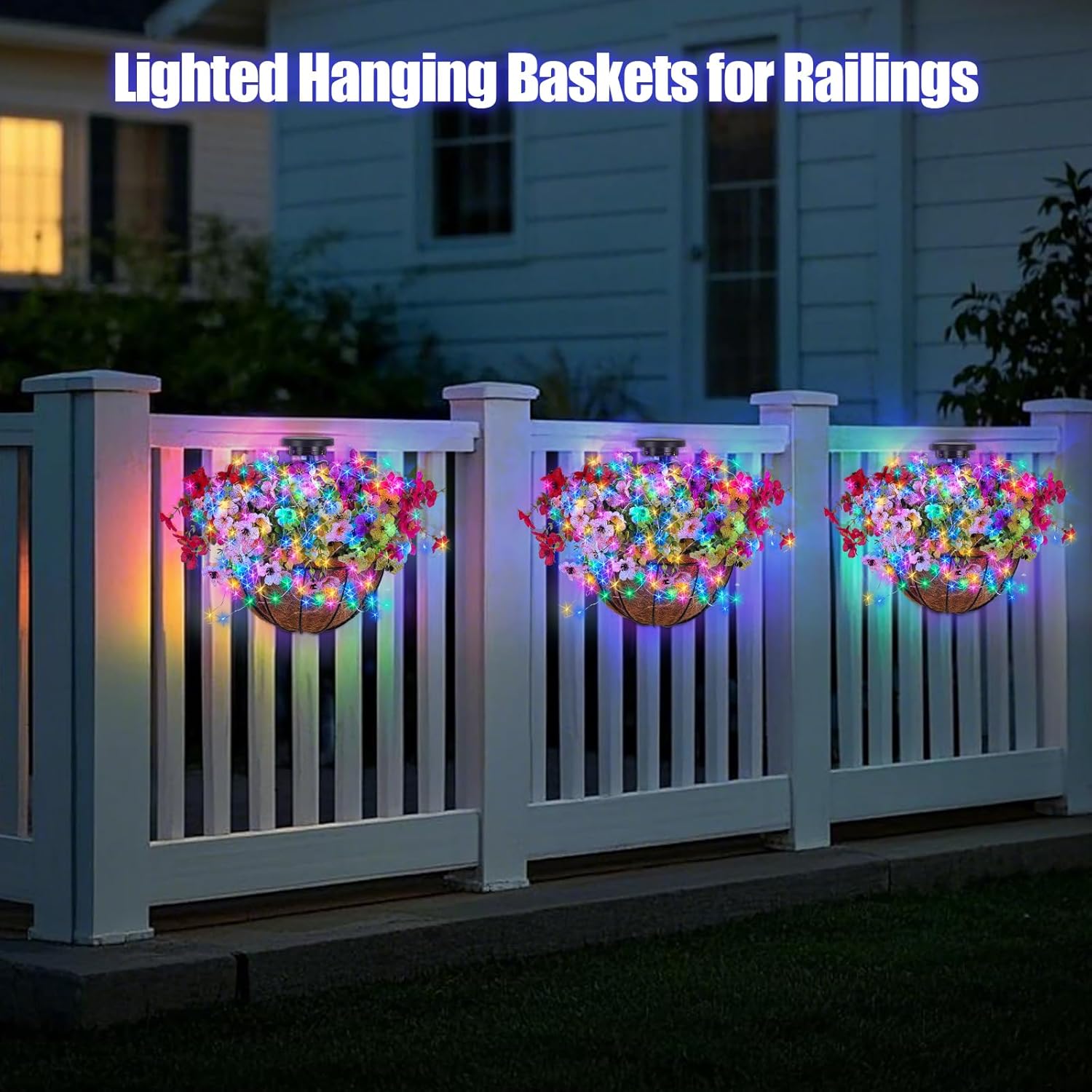 Solar Hanging Basket with Artificial Flowers: Outdoor Fake Flower Baskets with Solar String Lights for Fall Decor - 10 inch Plant Basket with Silk Faux Petunias for Porch Railing Fence Wall Door