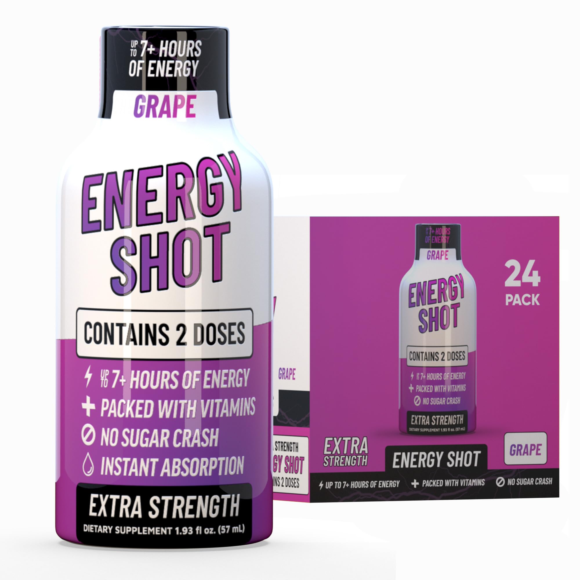 Grape Extra Strength Energy Shot 24 pk – 260mg Natural Caffeine B12 B6 – Energy & Focus Support – 2 Servings Sugar Free Zero Calorie Green Tea