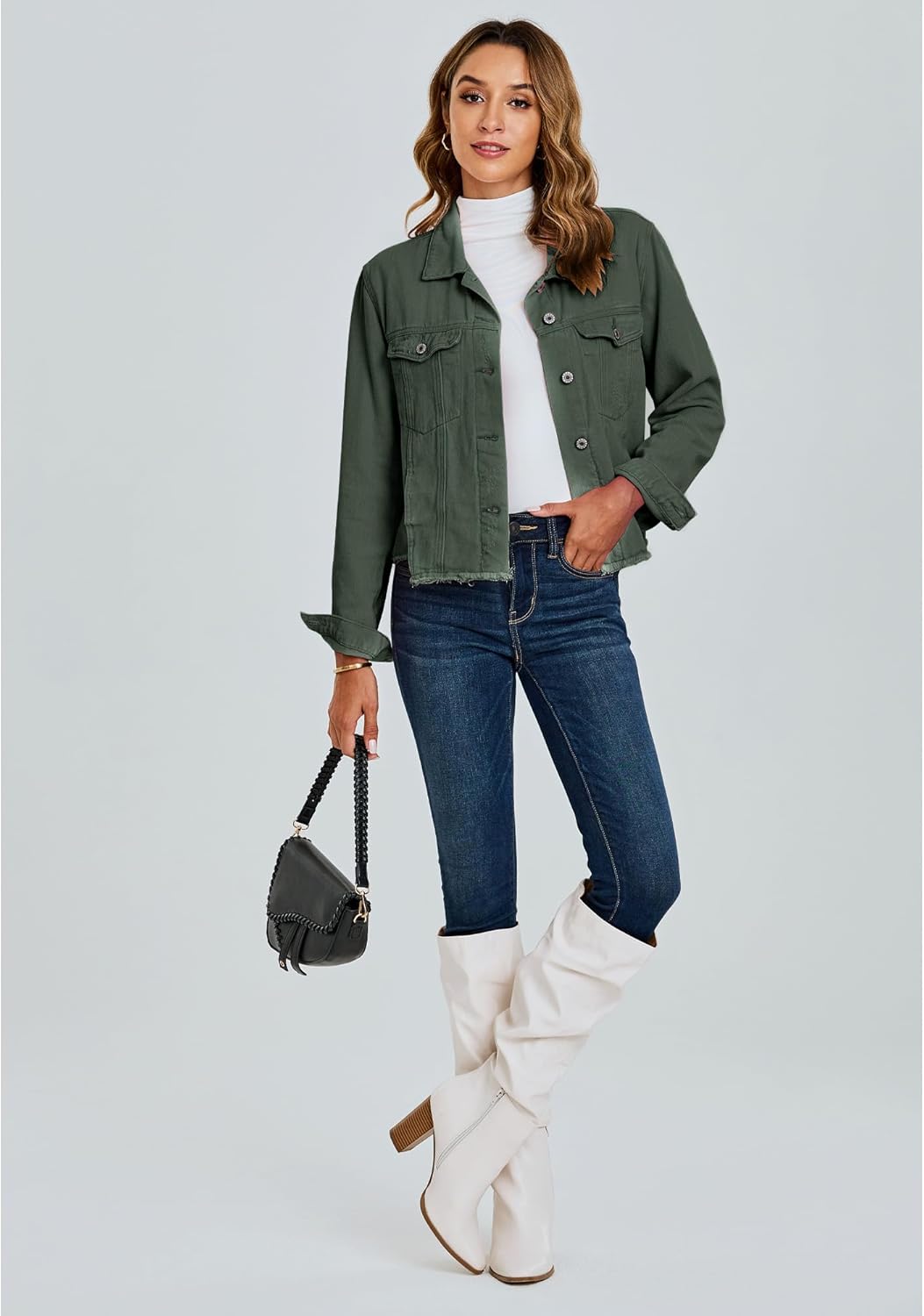 luvamia Denim Jacket for Women Distressed Jean Jackets Button Up Vintage Western Trucker Jacket Frayed Hem Pockets - Image 5