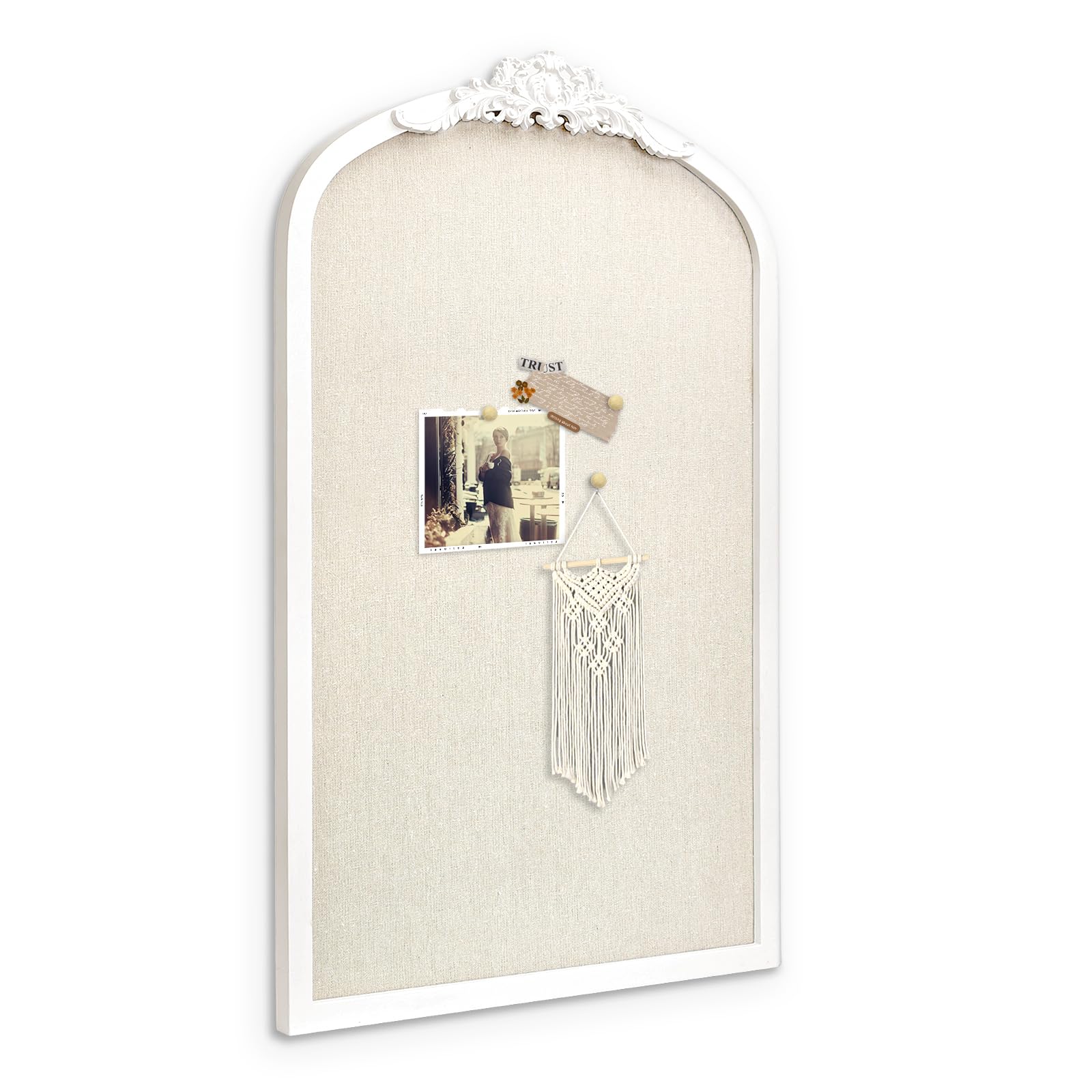 Bulletin Board with Linen, Vintage Arch Framed Pin Board – 19 x 31 White Cork Board for Walls, White Pine Wood Frame, Fabric Pinboard, Vision Board for School, Home & Office
