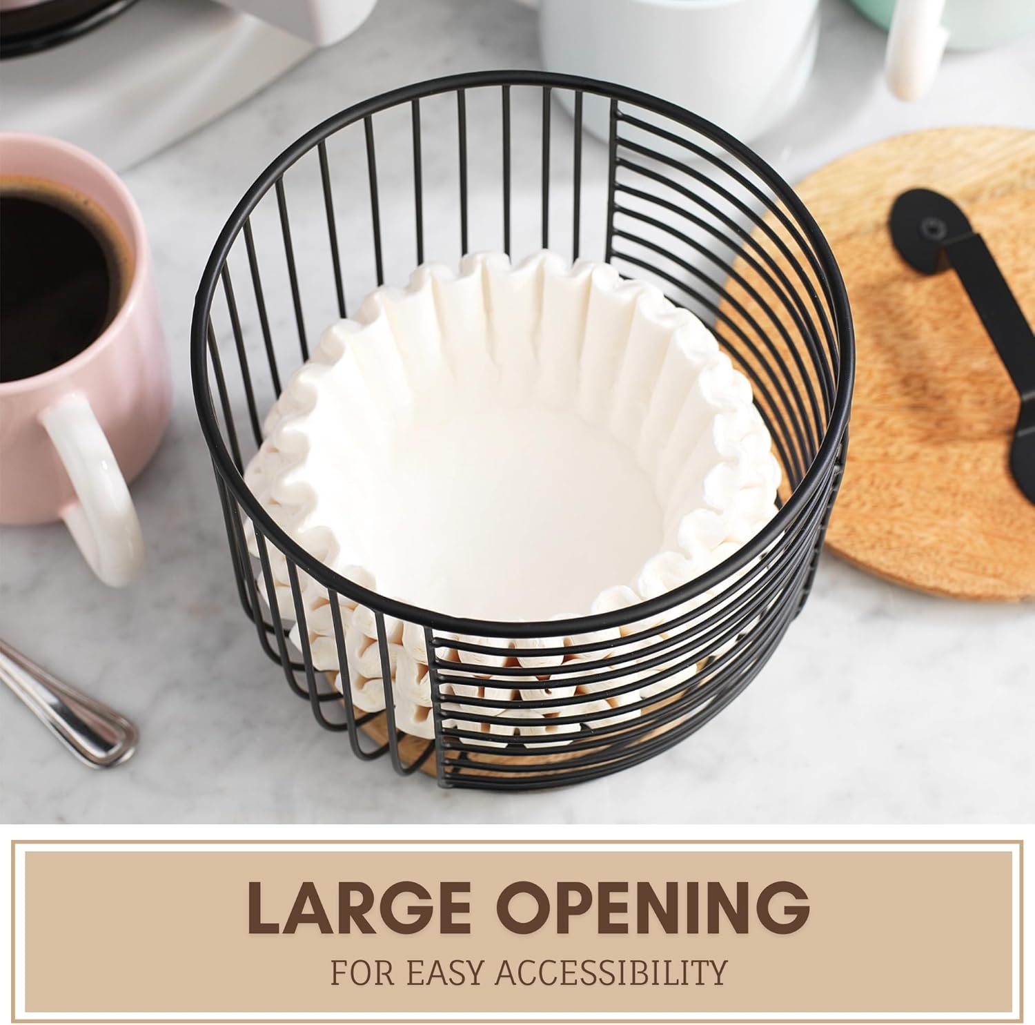 MosJos Coffee Filter Holder for Counter with Wooden Lid - Round Black Wire Coffee Pod Storage Container Basket for Kitchen Countertop Organization - Coffee Bar Accessories