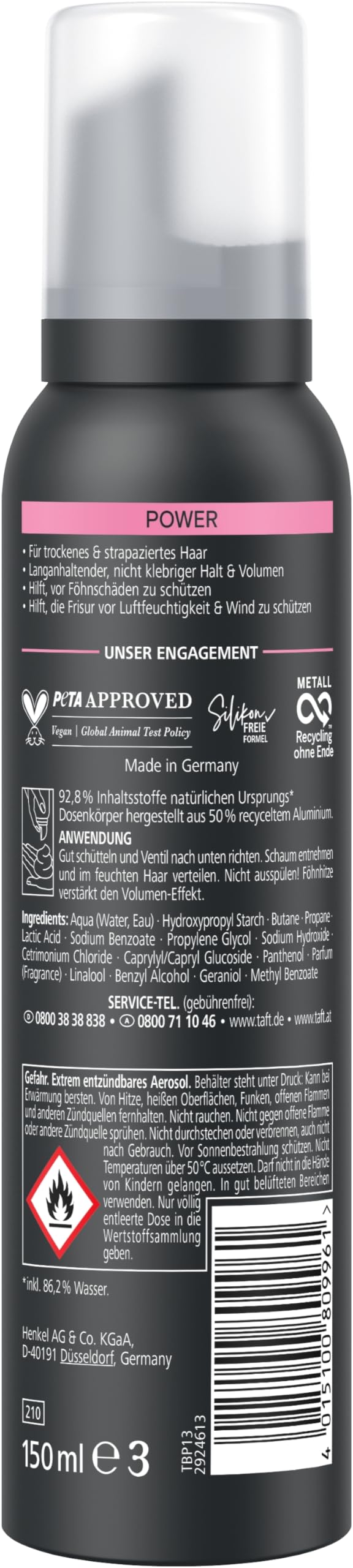 Schwarzkopf TAFT Power Cashmere - Espuma fijadora (6 x 150 ml), grado de sujeción 5, espuma para cabello seco y dañado, mousse para el cabello con suavidad cachemira, fórmula vegana