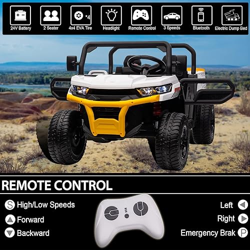 Miniatura 3 de POSTACK Camión volquete eléctrico de 24 V y 2 plazas para niños, 4 ruedas UTV con control remoto, vehículo eléctrico a batería con neumáticos de