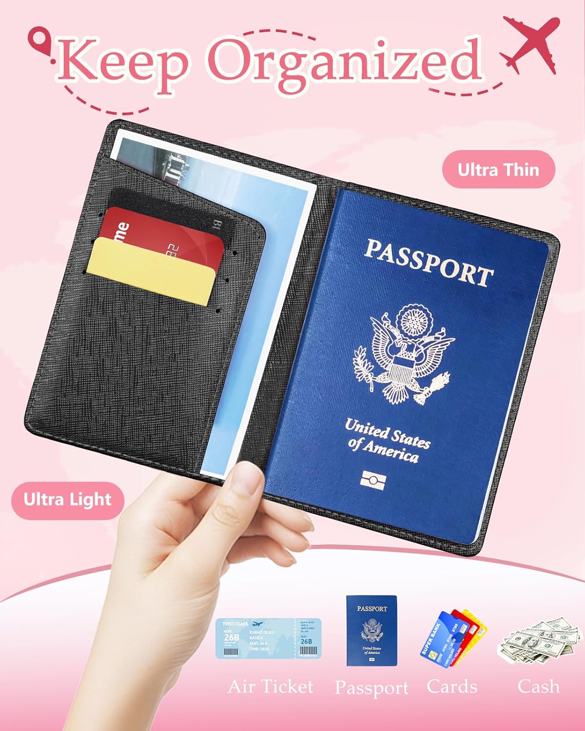 Slohif Mr. and Mrs. Passport Holder Lugguage Tag Set for Travel - Leather Passport Book Personalized Organizer Card Protector Sleeve Suitcase Cover Wallet Case Essentials Slim Carrier Pink Black - Image 4
