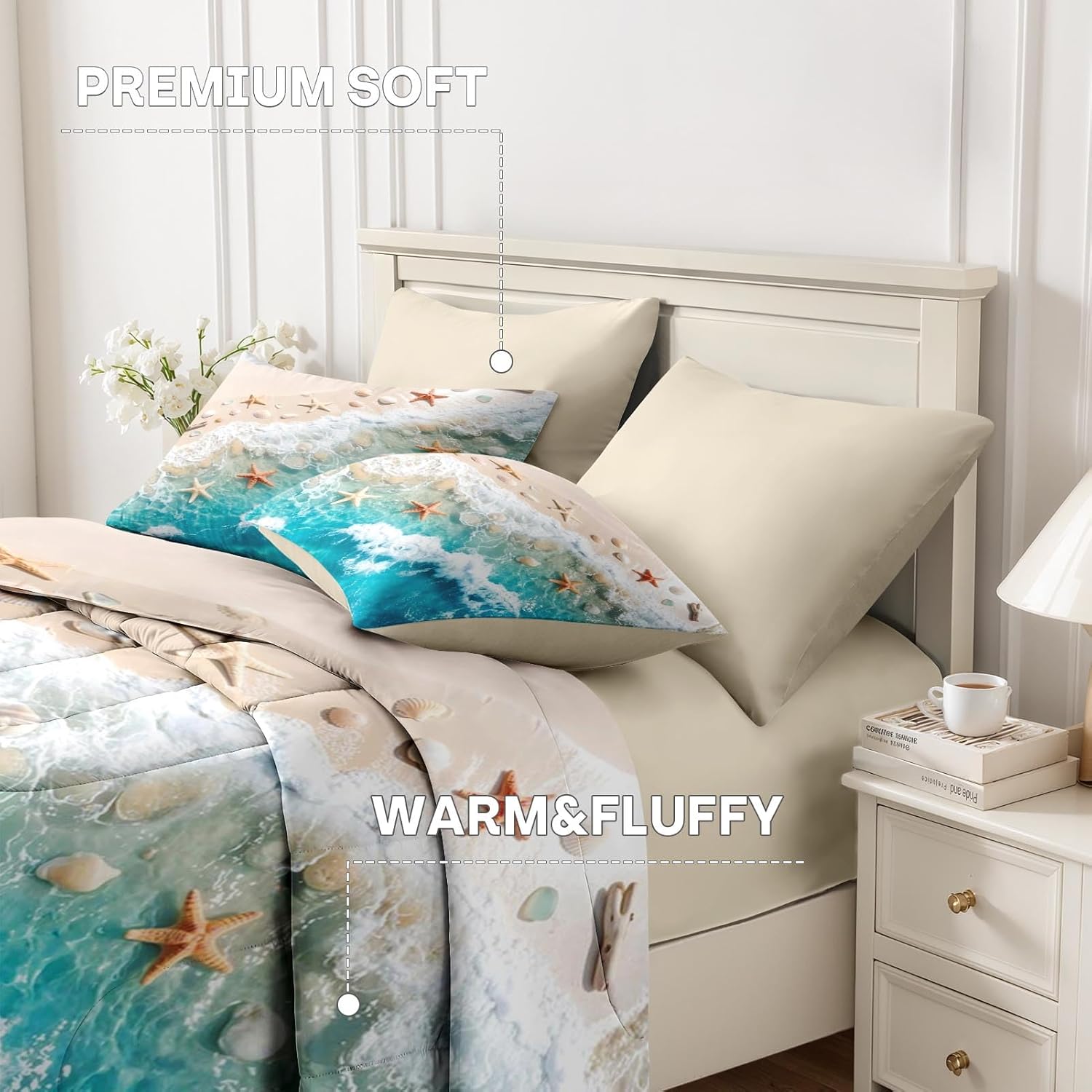 Nesker 7 Pcs Comforter Set King Size, Beach Starfish Seashell Bedding Set for Kids and Adults, Coastal Ocean Summer Bed Sheet Set with Fitted Sheet 2 Pillowcases & 2 Shams