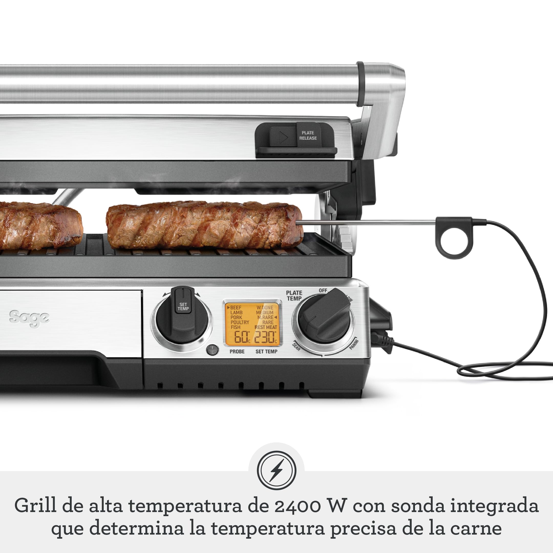 Sage Smart Grill Pro - Plancha con Modo Barbacoa, Acero Inoxidable | Placas Element iQ de 2400W, 5 Ajustes de Carne con Termómetro Integrado, Modo Barbacoa de 260 Pulgadas