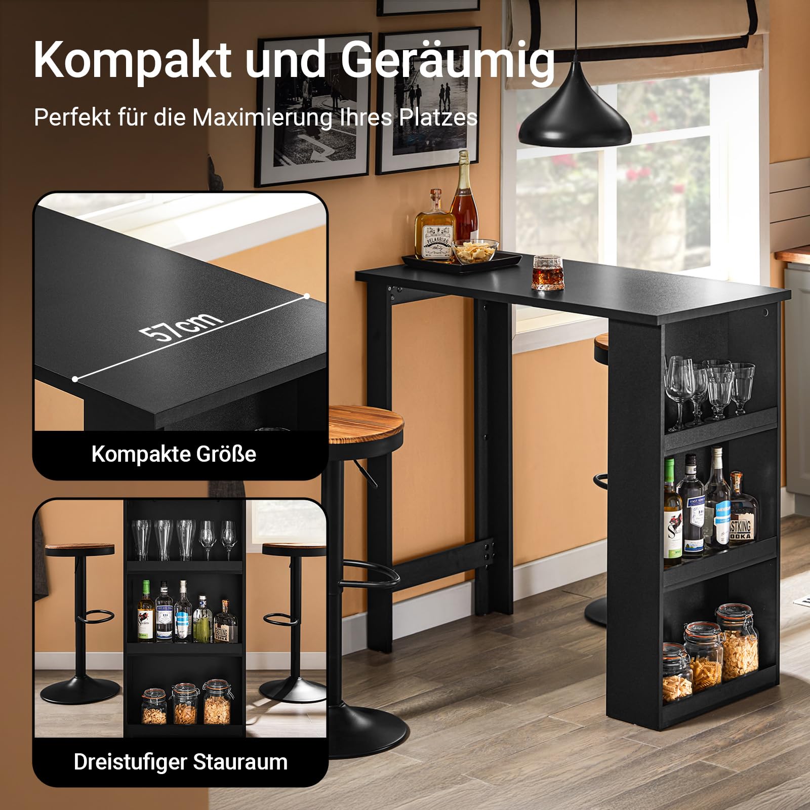 SoBuy Küchentheke Bartisch mit 3 Ablageflächen, Stehtisch für Kleine Räume, Hoher Tresentisch für Küche, Wohnzimmer oder Büro Schwarz 112 x 106 x 57 cm FWT17-II-SCH