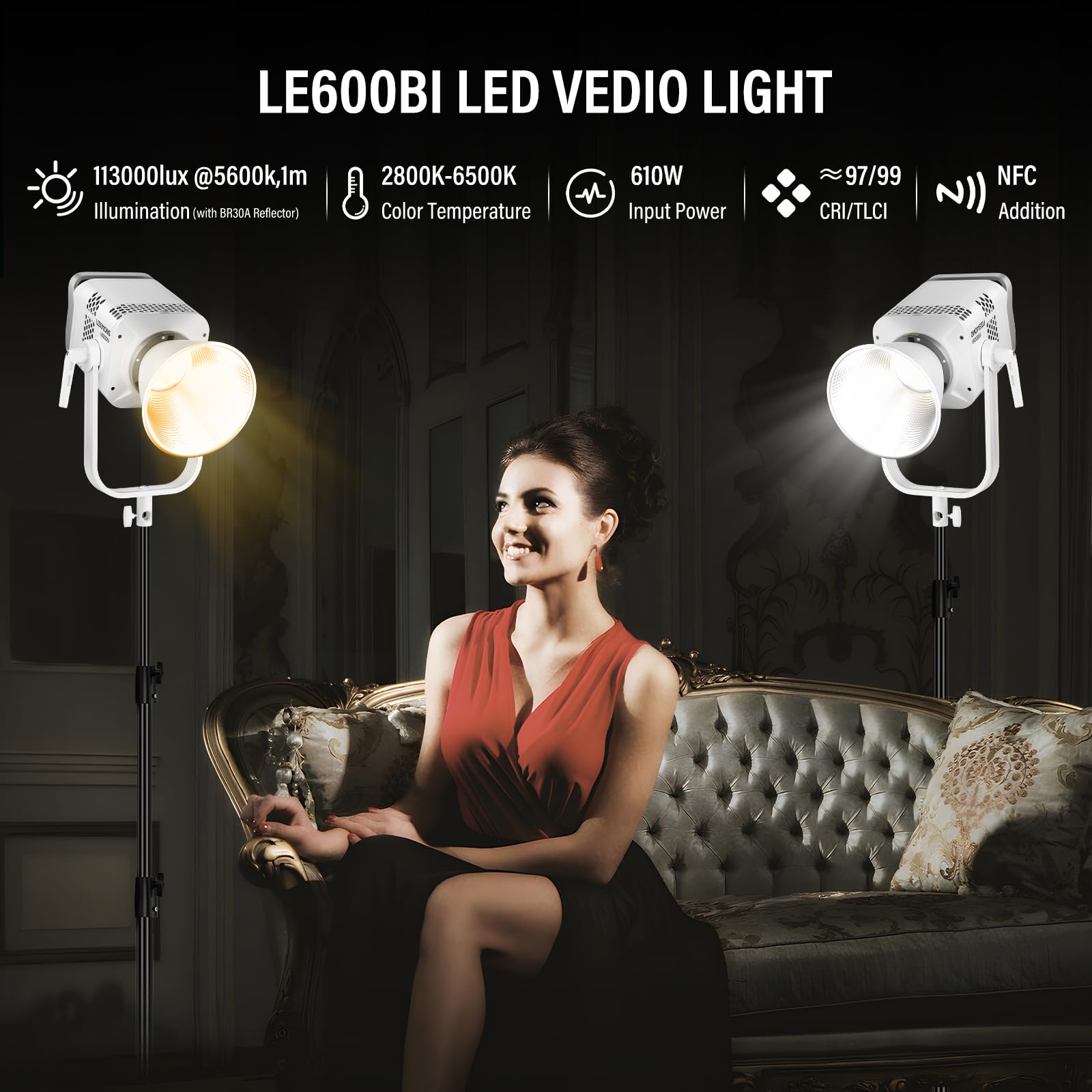 Godox Litemons LE600Bi LE600 Bi Luz Continua LED Video Light Kit 620W 2800K~6500K CCT TLCI/CRI≈98 Control Bluetooth 11 Efectos FX con Montura Bowens Luz de Vídeo para Vlogging,Youtube(Blanco)