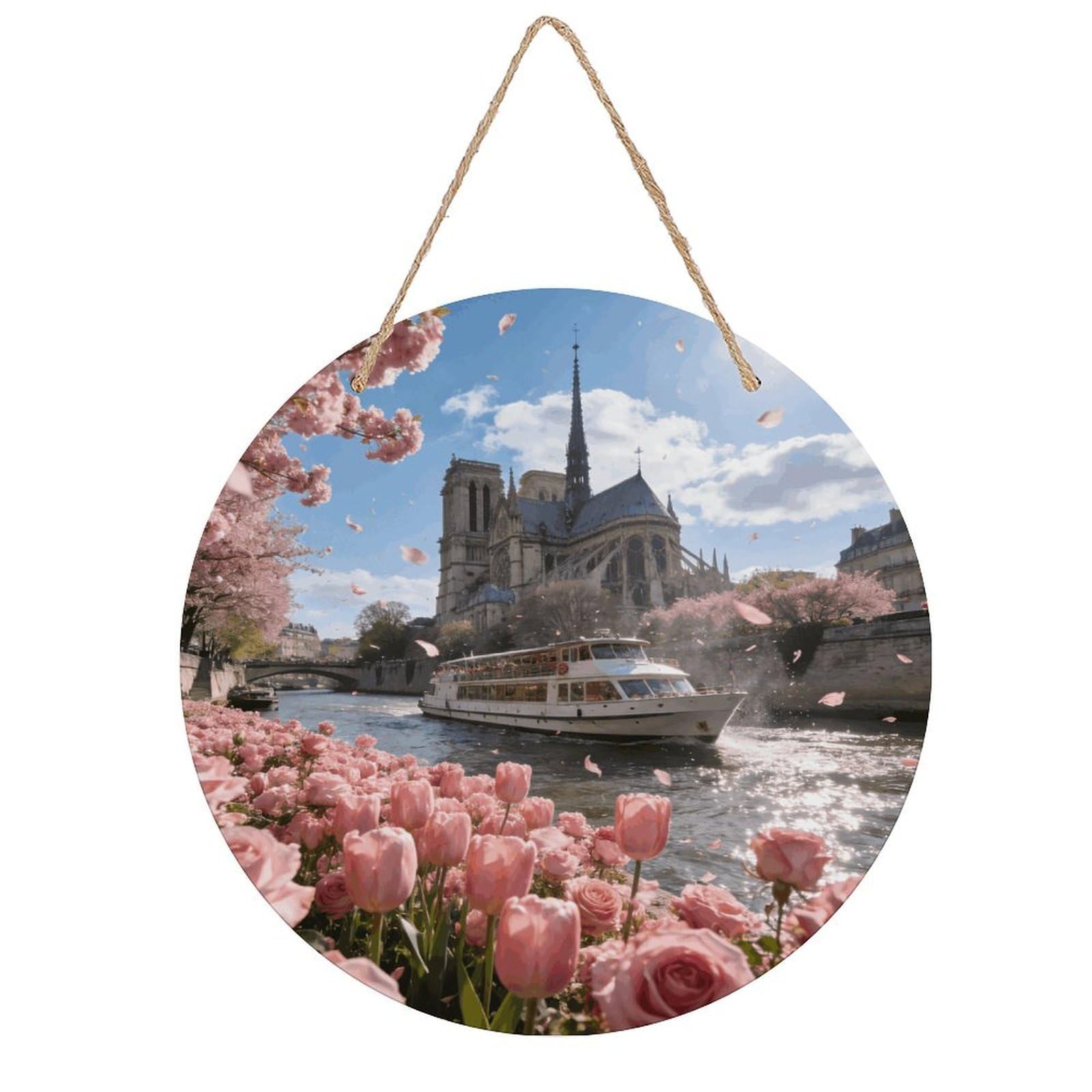 LZQPOEAS Pink Parisian Bloom Round Wood Wall Art Painting, 7.9 Inch Circular Wooden Door Hanger Decorative Paintings, Rope-Hanging Wooden Wall Plaque for Home Decor And Office Party