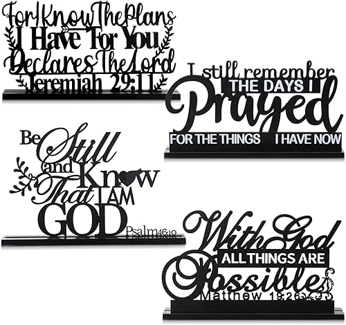 Blulu Paquete de 4 decoraciones inspiradoras de mesa de madera con versículos bíblicos de fe cristiana, centros de mesa de oración motivacional