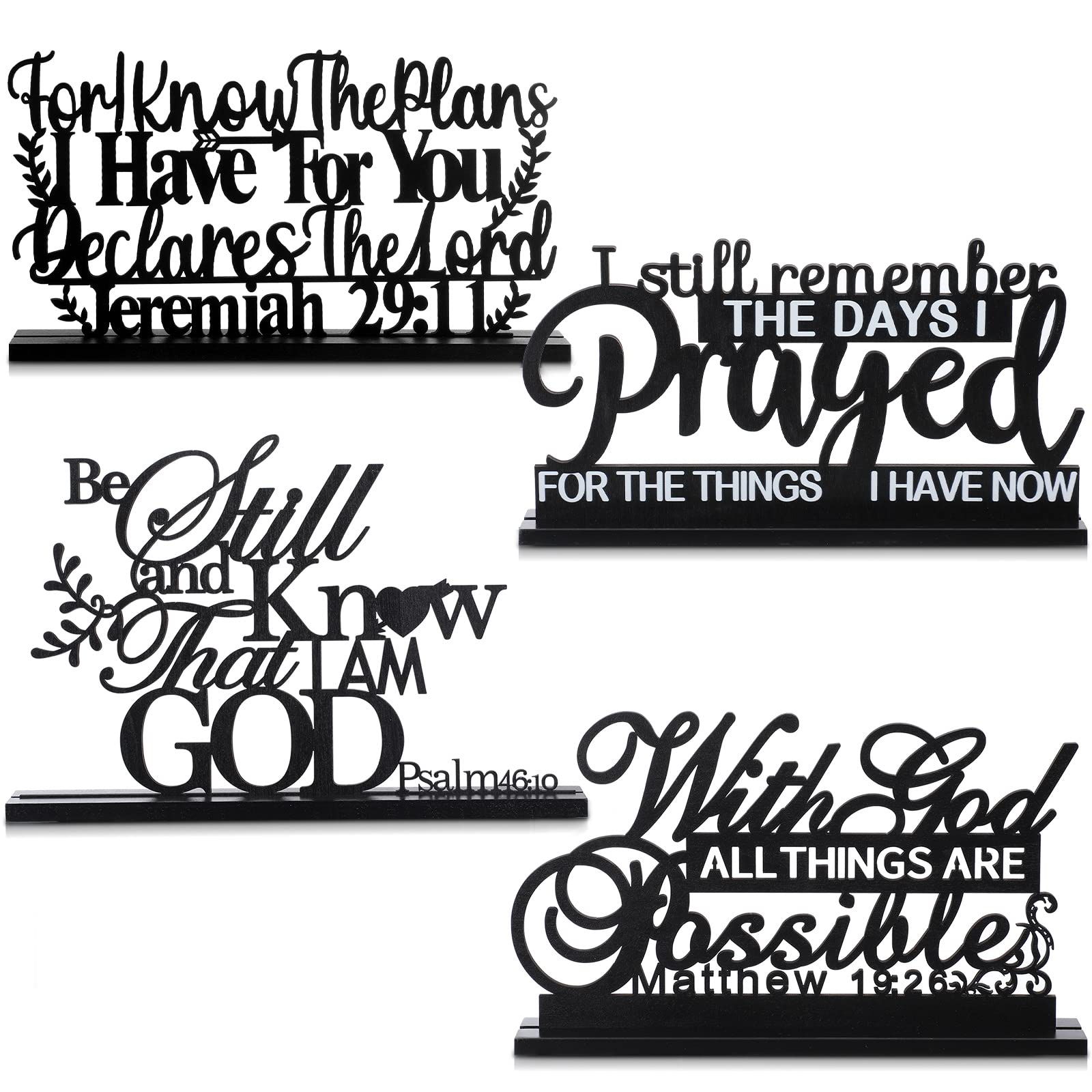 Blulu 4 Pack Inspirational Table Decorations Wooden Christian Faith Bible Verse Centerpieces Black Motivational Prayer Room Blessed Signs for Home