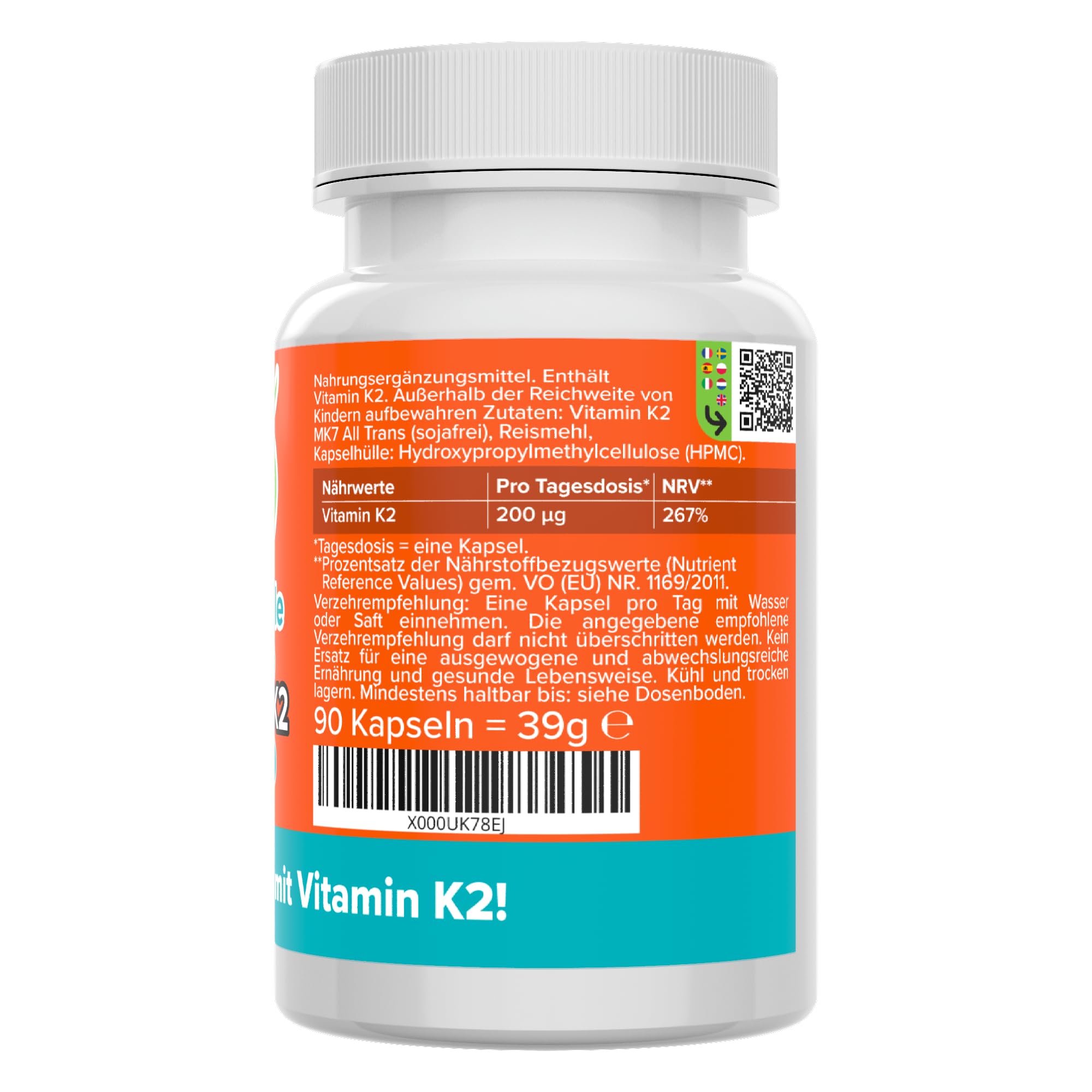 Vitamin K2 Kapseln - hochdosiert 200 µg MK7 All-Trans - bioaktiv & vegan - Produktion in Deutschland - laborgeprüft - ohne Zusatzstoffe & Soja - kleine Kapseln statt Tropfen - Vitamineule®