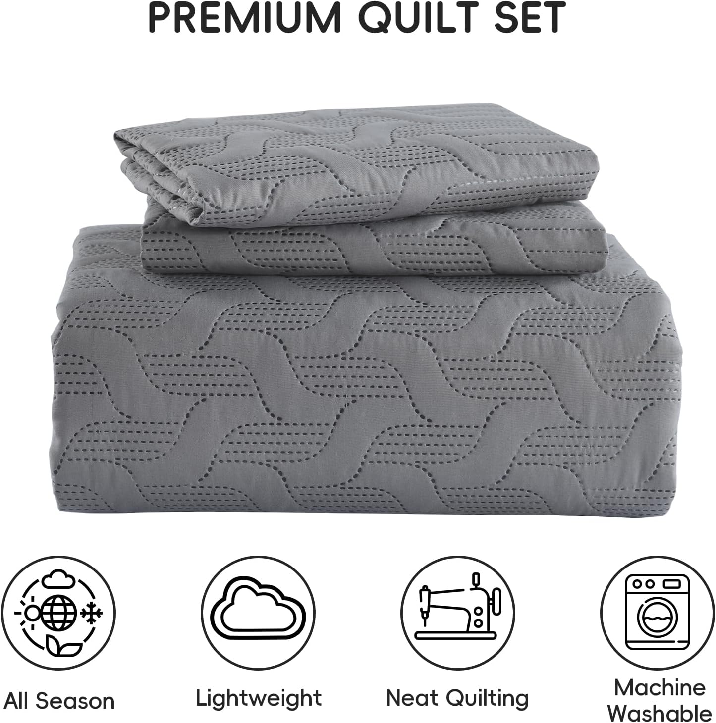 Yiran Grey Quilt Set Queen Size Lightweight Bedspread Ultrasonic Wave Pattern Soft Microfiber Coverlet for All Season Modern Style 3 Piece Bed Cover Sets with 2 Pillow Shams (96"x90")