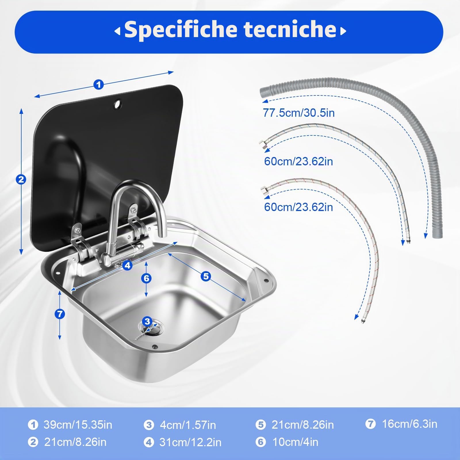 RV - Set lavello da campeggio, ciotola singola, lavabo per roulotte, con rubinetto e 3 tubi, lavello per camper in acciaio inox con coperchio in vetro, per camper e piccole cucine