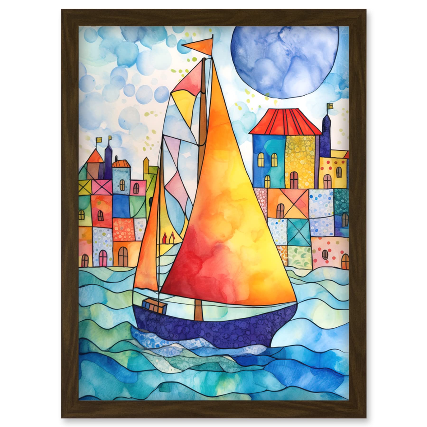 Artery8 Sailboat By Harbour Folk Art Artwork Framed Wall Art Print A4