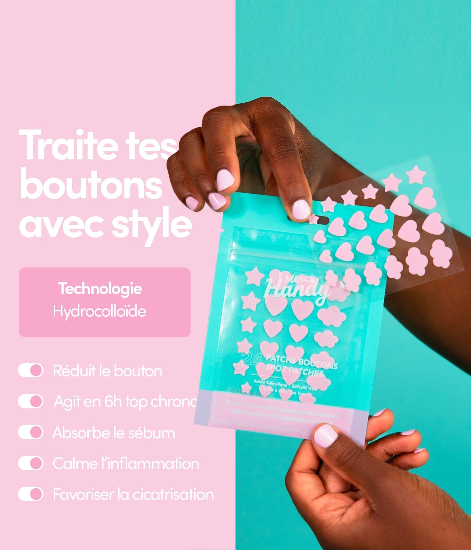 Merci Handy - Patchs Boutons - 24 Patchs - Technologie Hydrocolloïde, Acide Salicylique, Formes et Tailles Variées