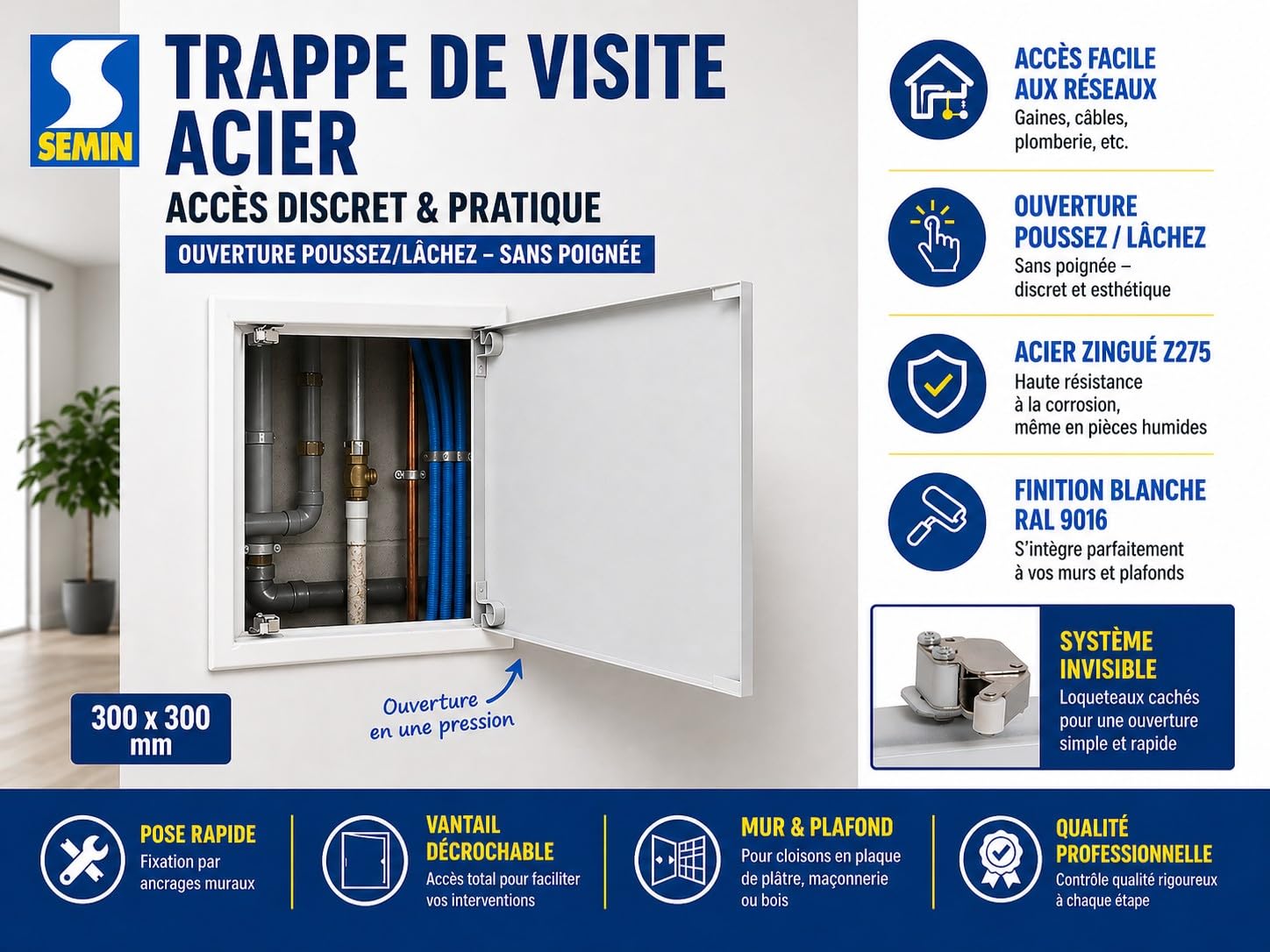 Semin Trappe de Visite Acier - Laquée Blanche 300 x 300 mm – Plaque de Plâtre, Mur et Plafond - Ouverture Pousser & Relâcher