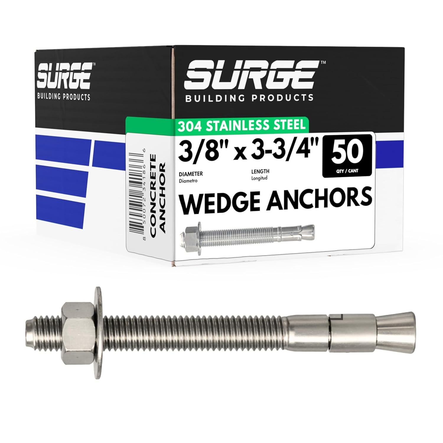Surge 3/8" x 3-3/4" 304 Stainless Steel Wedge Anchors for Concrete - Corrosion-Resistant Heavy-Duty Bolts, Box of 50