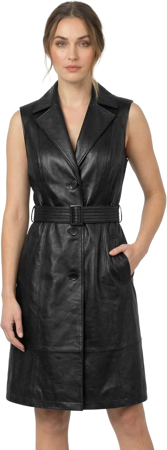 J'JACKIN Women's Belted Leather Dress Coat - Real Lambskin Leather Sleeveless Trench Coats for Women