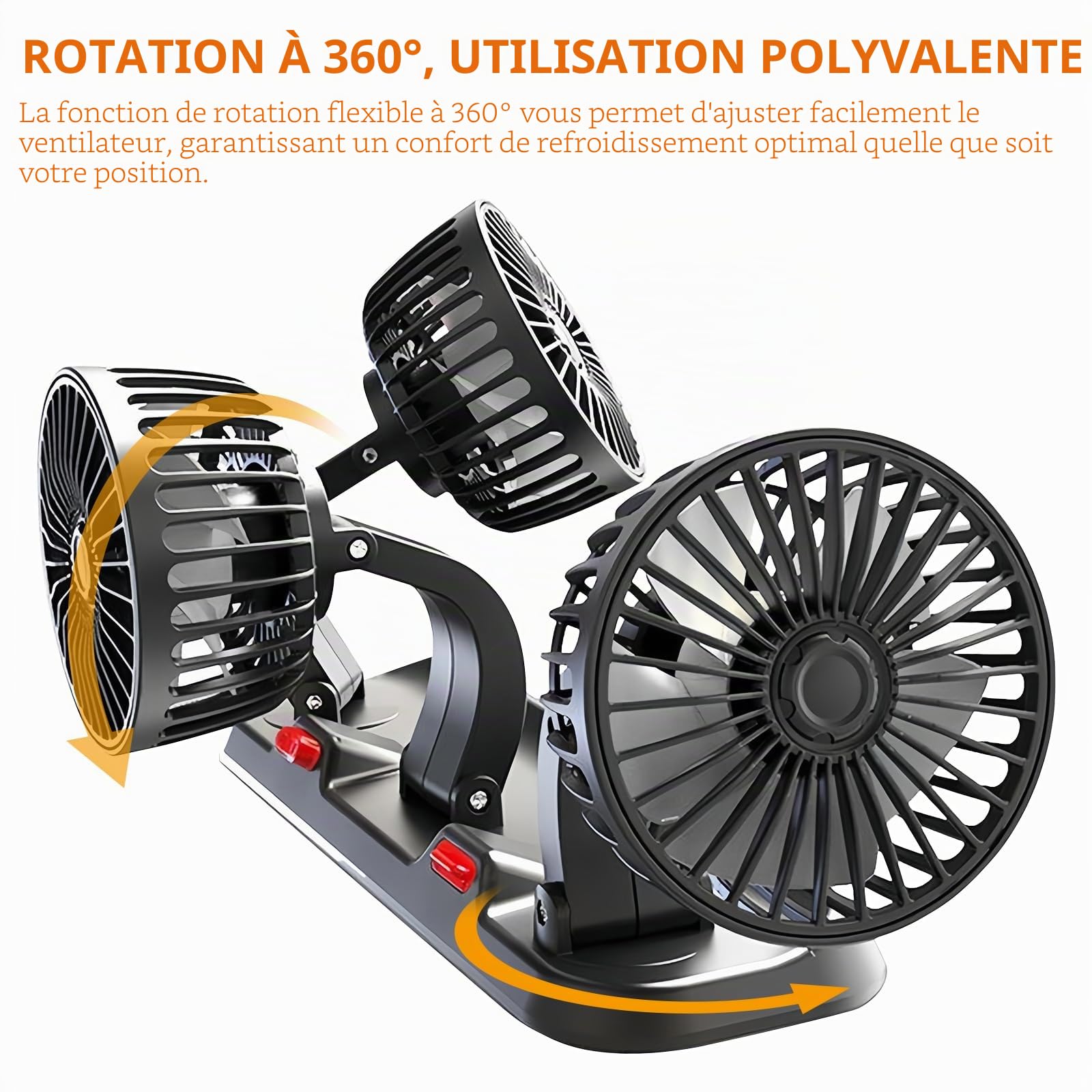 Ventilateur de voiture 12 V/24 V - 3 têtes - Pour siège arrière - Rotation à 360 ° - Avec 2 vitesses - Pour camion, camionnette, SUV, camping-car, bateau