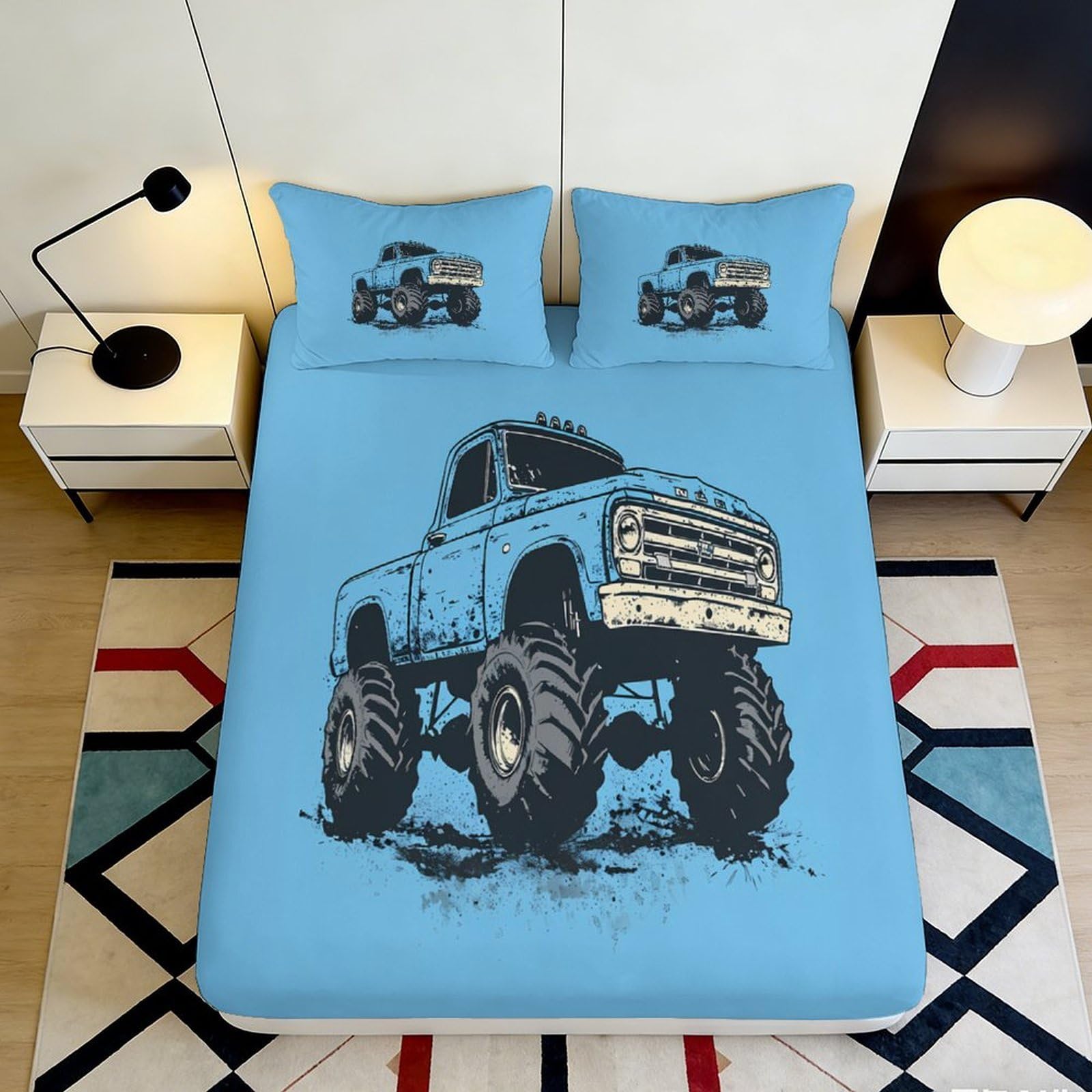 3D Printed Blue Monster Truck Fitted Sheet Microfiber Bedroom Decor Off-Road Bed Cover for Home Guest Room Mattress Protection 90x200x25cm