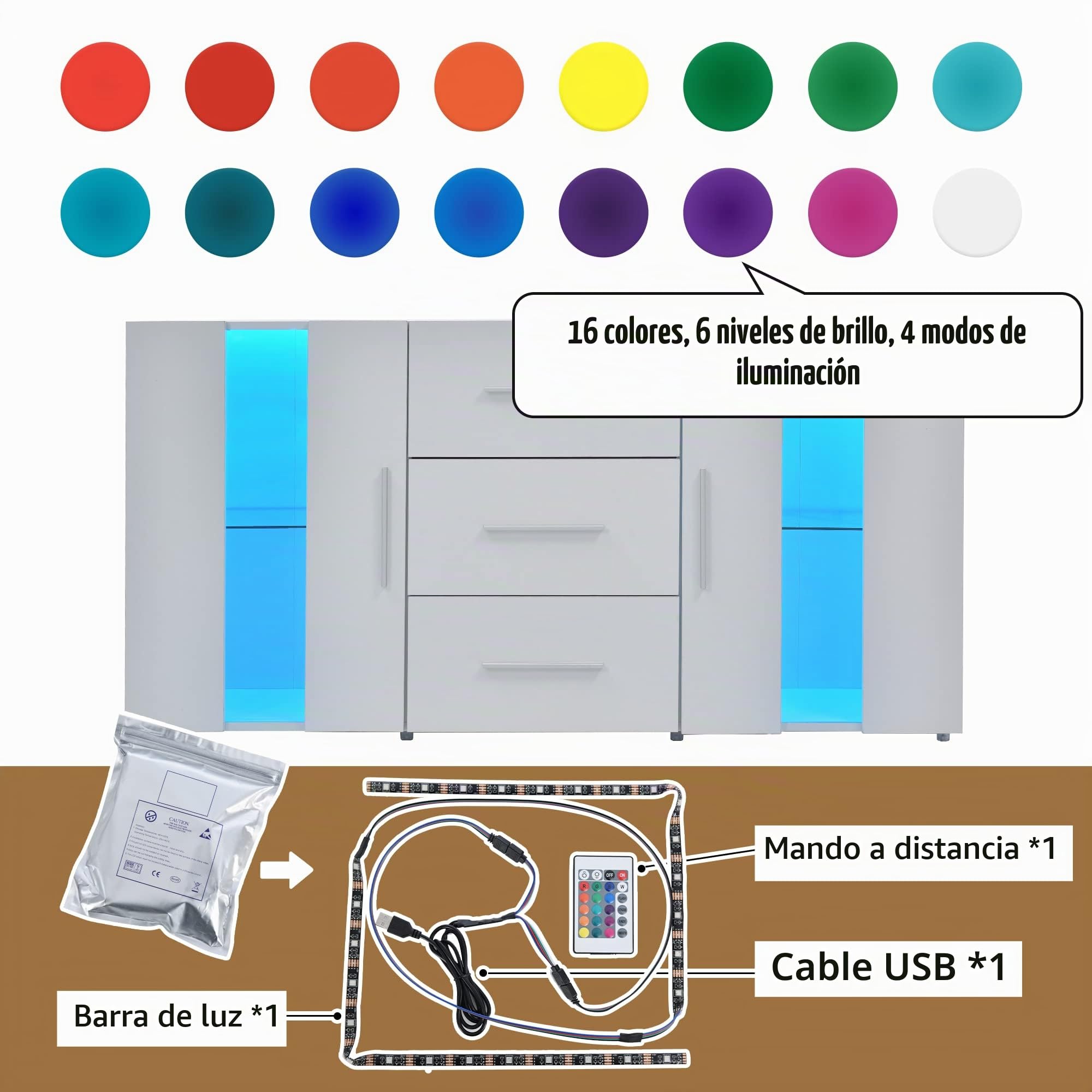 Azkoeesy Aparador LED 140 x 35 x 72 cm, Blanco, Cómoda con 3 cajones - Puertas acrílicas - Tiradores Plateados - Mueble TV/Buffet para Comedor/salón/Cocina