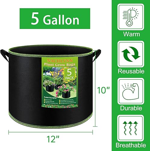 Miniatura 9 de Paquete de 5 bolsas de cultivo de 15 galones, macetas de tela no tejida gruesa con asas para plantas para jardinería, frutas, flores, plantas