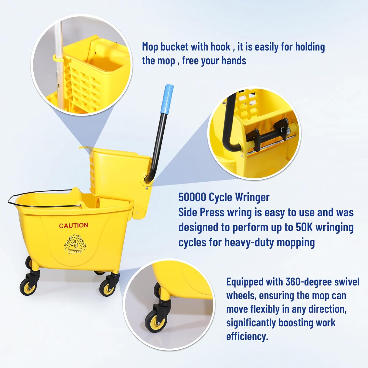 35QT Side-Press Mop Bucket and Wringer Combo on Wheels, Yellow,Including One Heavy Duty Industrial Mop and One Set Large Rubber Cleaning Gloves