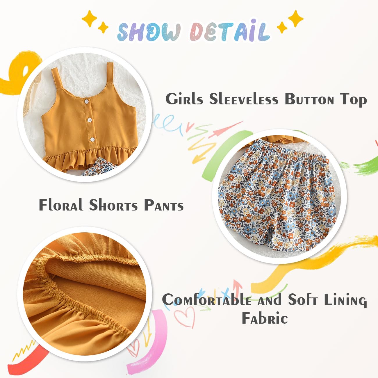 Conjunto de Ropa para Niñas con Top + Pantalones Cortos Florales + Tirantes Ajustables, Camisetas sin Mangas con Volantes, Pantalones con Estampado floral para 3 a 7 Años, Amarillo