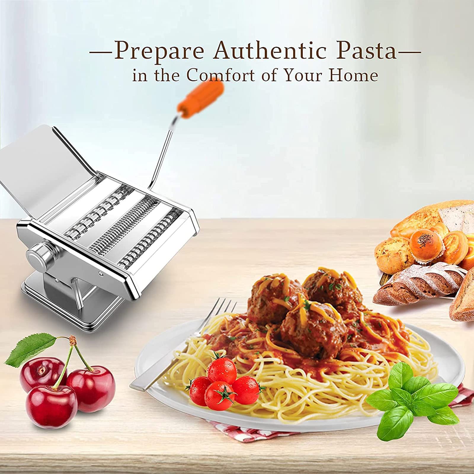 Máquina para Hacer Pasta, 3 cortadores de Fideos de Acero Inoxidable con 6 ajustes de Espesor Ajustables para Hacer Fideos Frescos o Bolas de Masa hervida