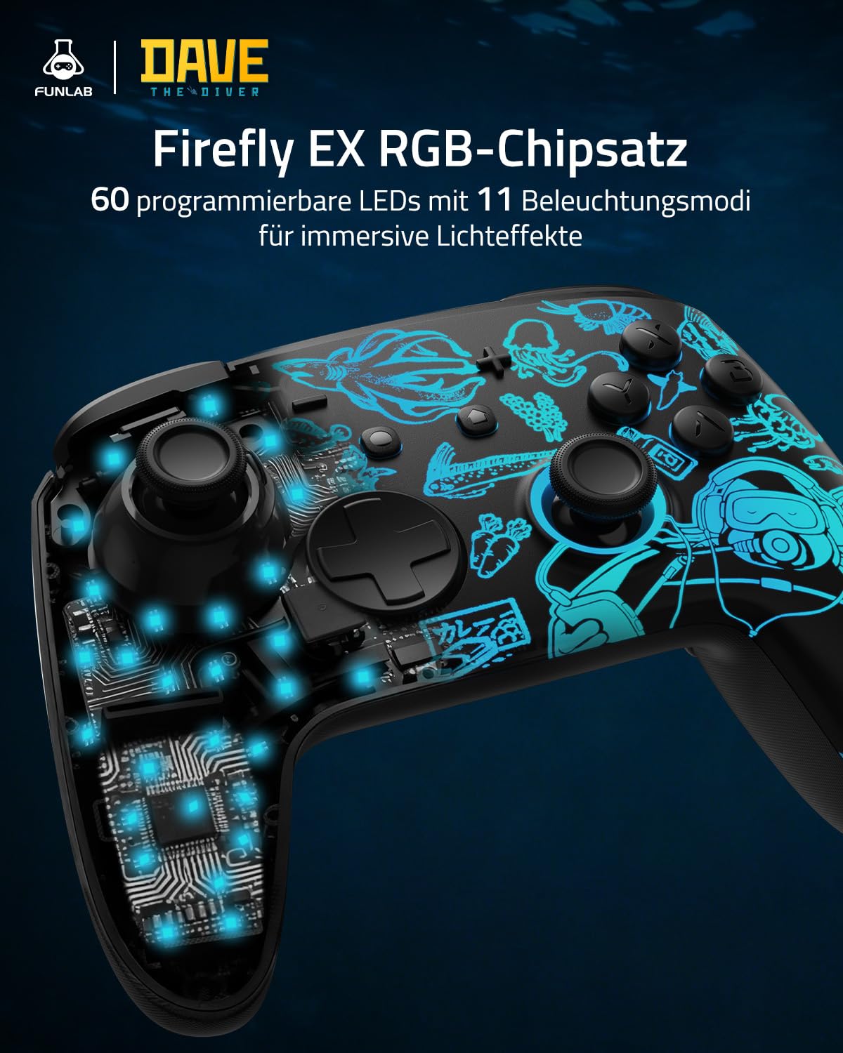FUNLAB Switch 2 Pro Controller mit Ladestation Kompatibel mit Switch/OLED/LITE, Dave the Diver kabellos pc controller FF05A-04, RGB-Bluetooth mit 7 LED-Farben/Hall-Effekt/Turbo/Bewegungssteuerung