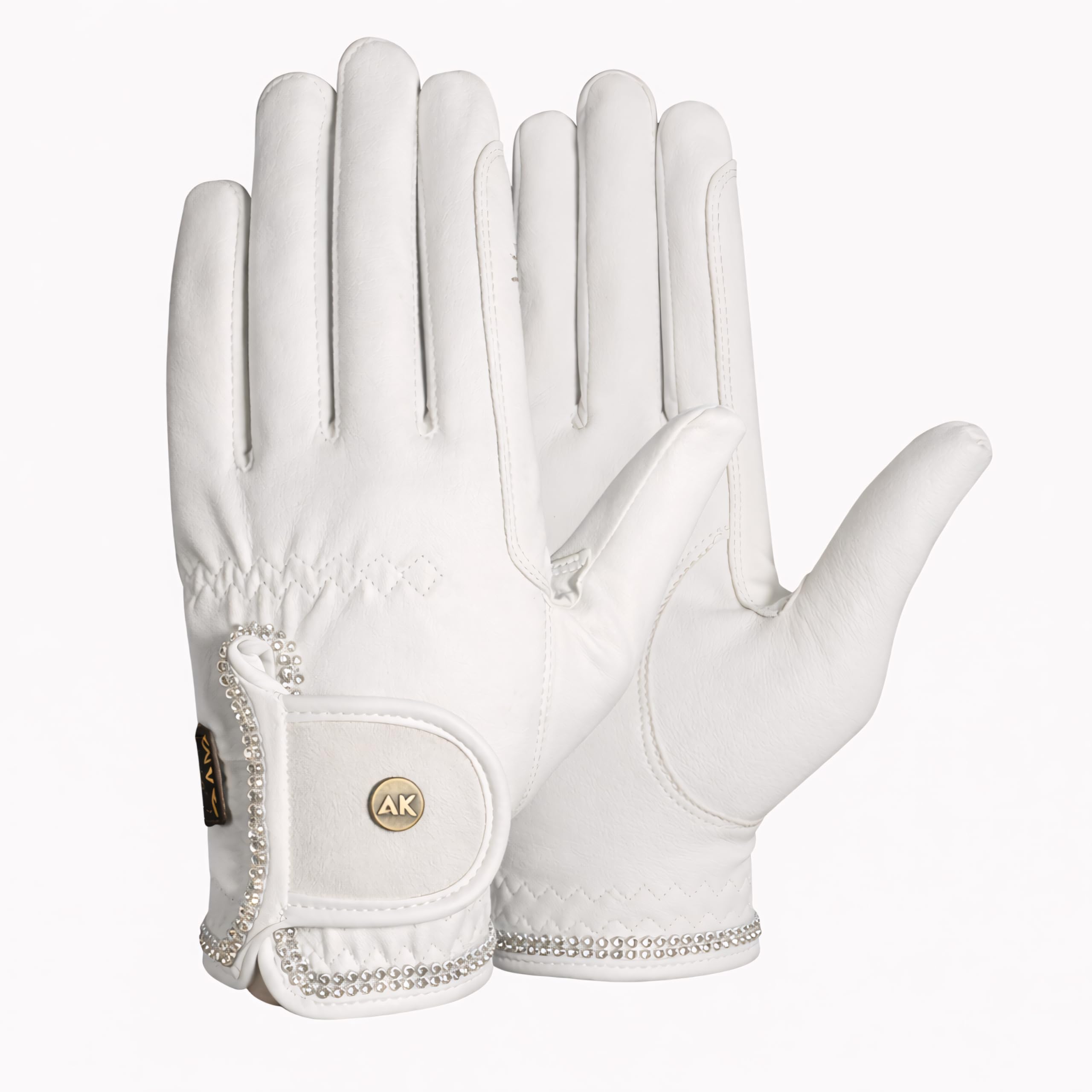 AK Horse Riding Gloves for Competition & Dressing with Crystal Diamante (White, XS)